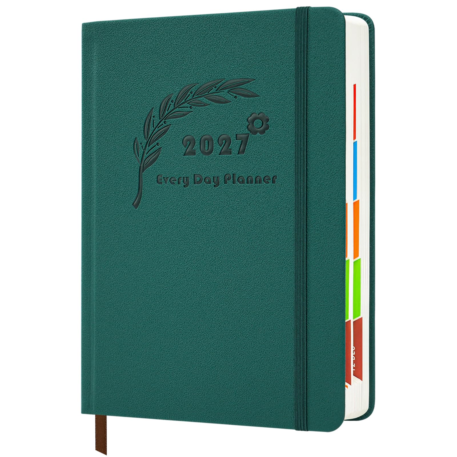 BIHIYII 2027 Diary A5 Page a Day, Hardcover Daily Planner with Monthly View, Diary 2027 with Colourful Tabs, 408 Pages Jan-Dec Journal with Bookmark & Elastic Closure, 14.5 x 21cm, Green