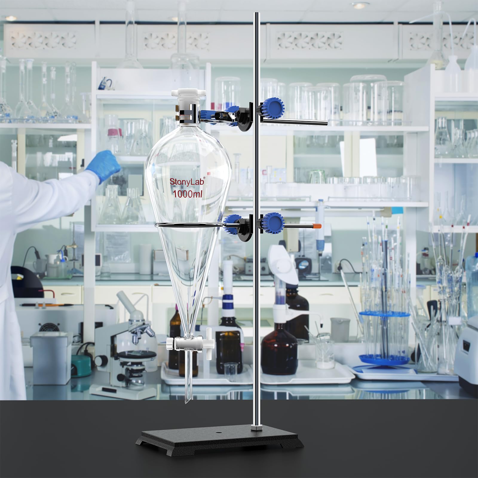 stonylab Borosilikatglas Scheidetrichter mit Laborständer Set, 1000 ml Kapazität, 24/40 Schliff und PTFE-Hahn für Titration Extraktion