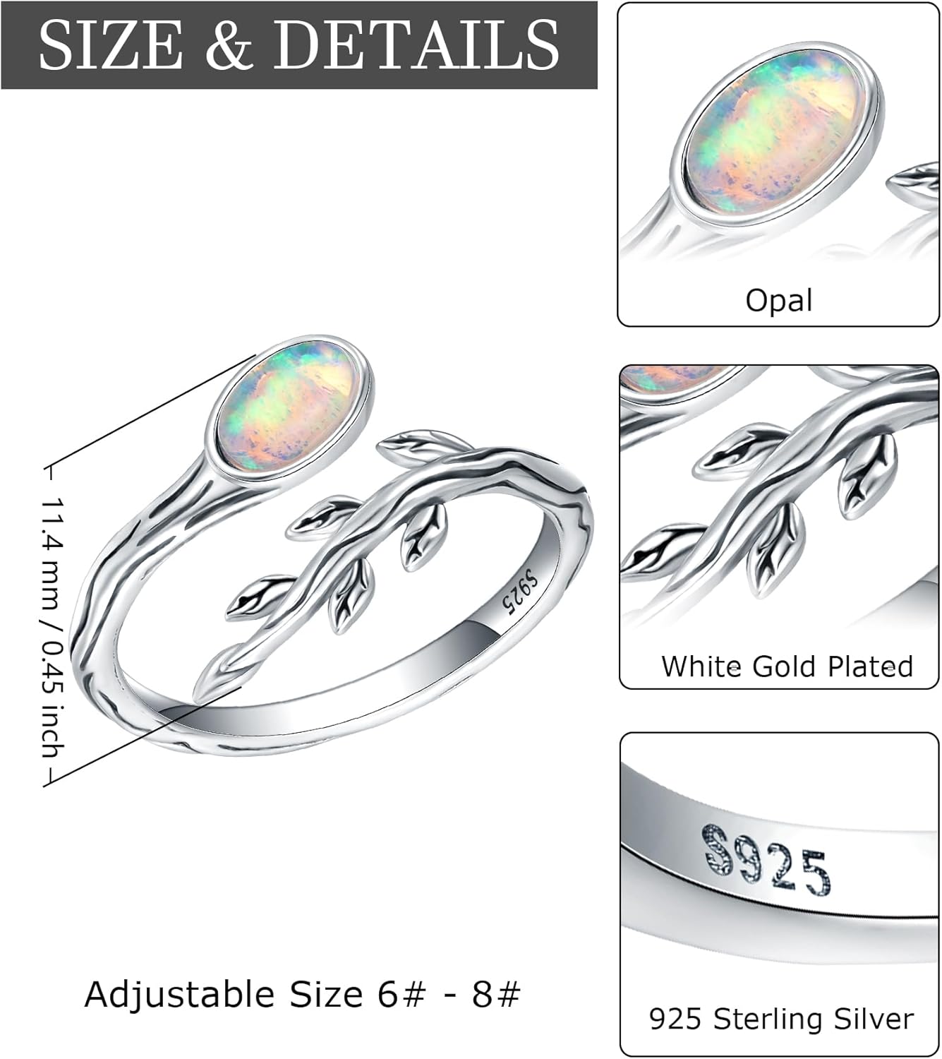 S925-Sterling-Silver White Opal Leaf Ring - Adjustable Open Ring Unique Nature Wrap Ring Vine Gemstone Fashion Jewelry Gifts for Women