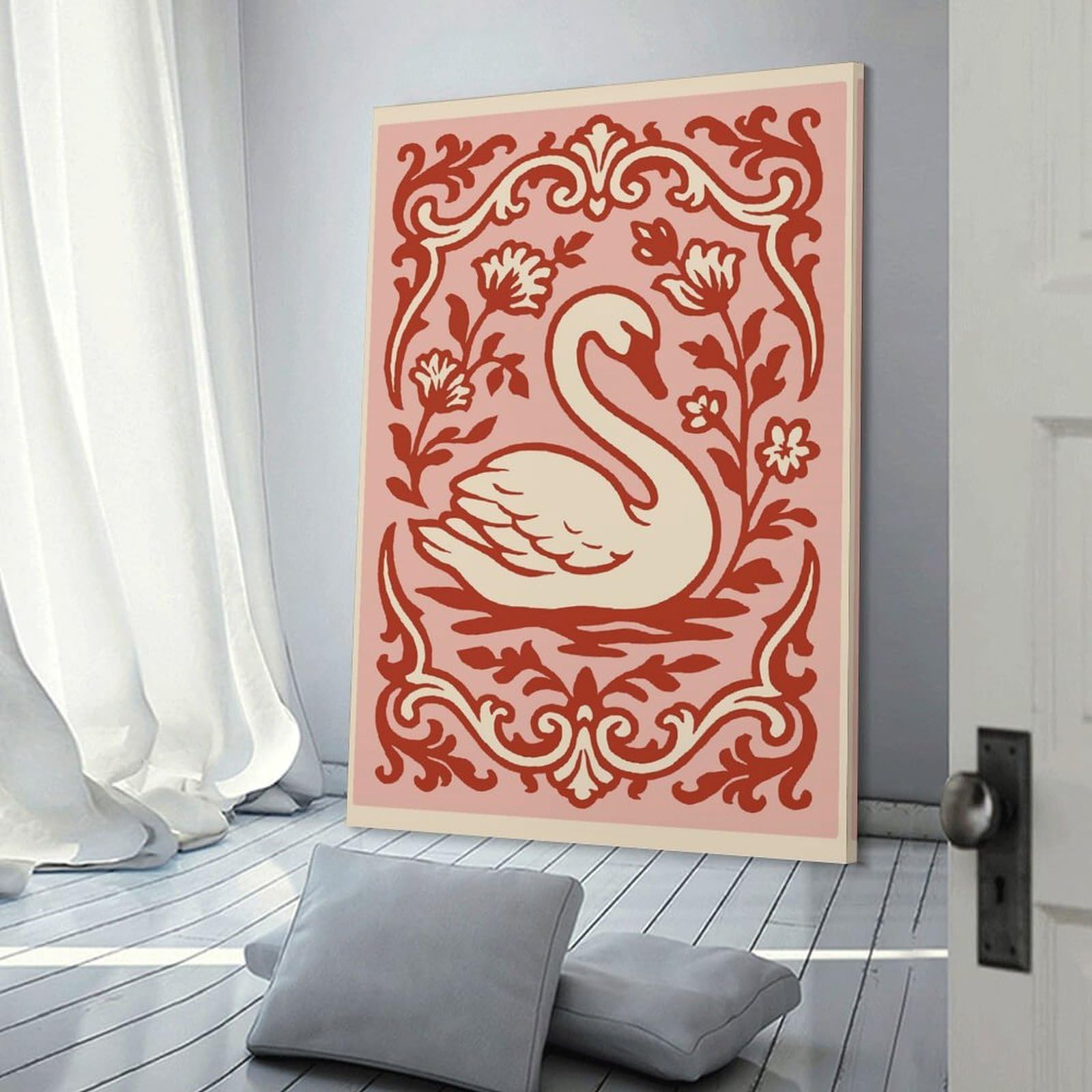 Elegant Swan with Floral Border Canvas Art Print, 20x30inch(50x75cm), for Small Homes, Bedrooms Or Open Spaces, Wall Decor with Flexible Room Appeal