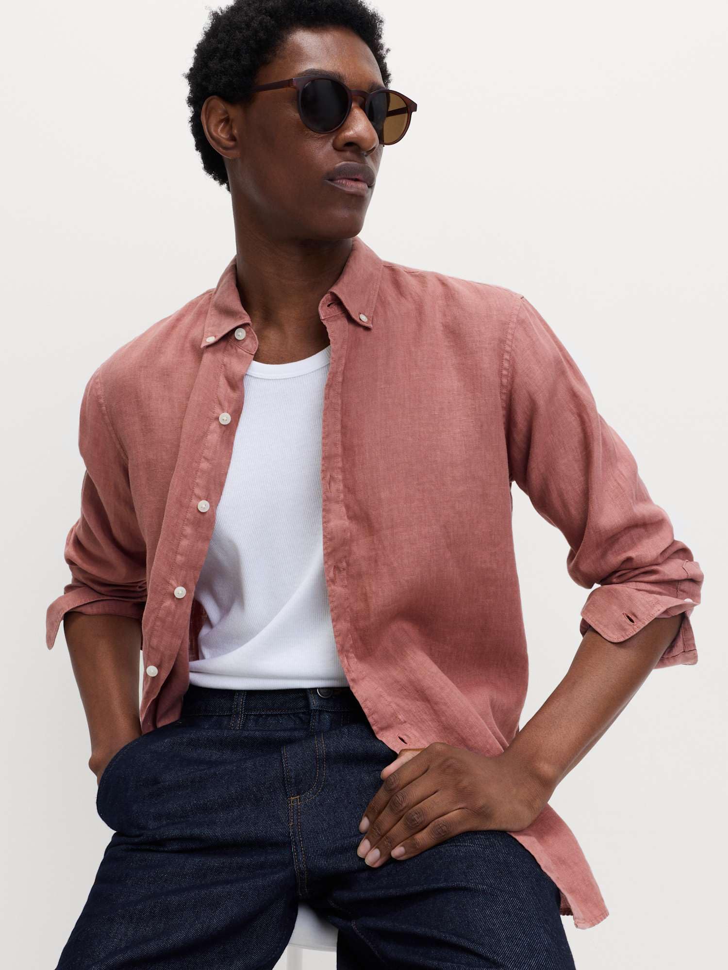 Marks & Spencer Camisa de Lino Puro Teñida en Prenda para Hombre, Ajuste Normal