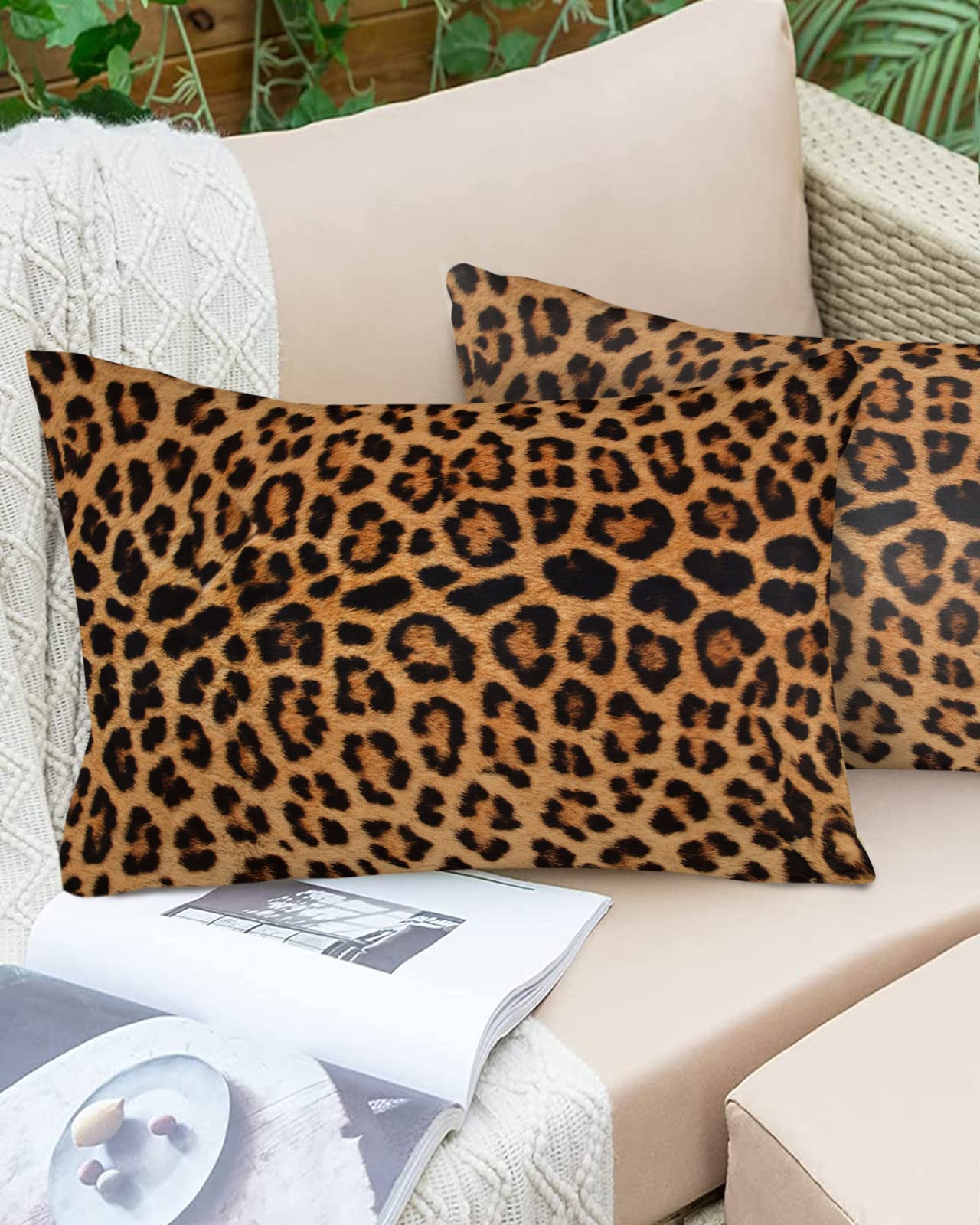 Edwiinsa Outdoor Pillow Covers Waterproof, Leopard Texture Animal Fur All Weather Cushion Case Set of 2, Cheetah Lumbar Pillowcase for Sofa Couch Bed Decor Patio Furniture 20