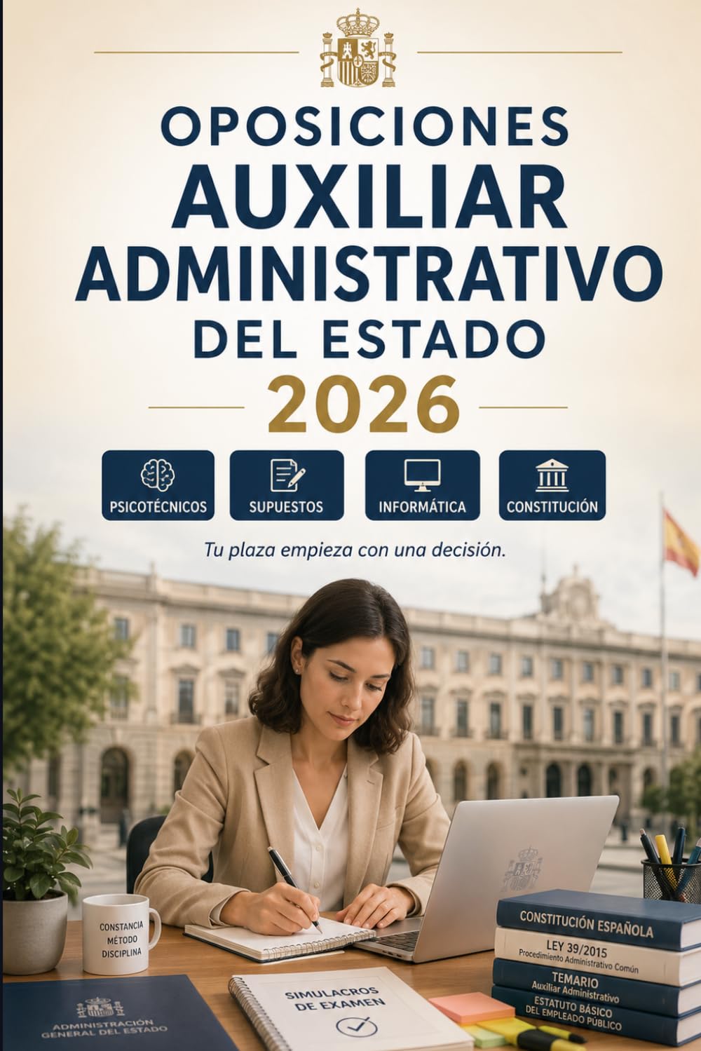 Oposiciones Auxiliar Administrativo del Estado 2026: Temario, test, psicotécnicos, informática, Constitución, procedimiento administrativo y simulacros para aprobar la AGE C2