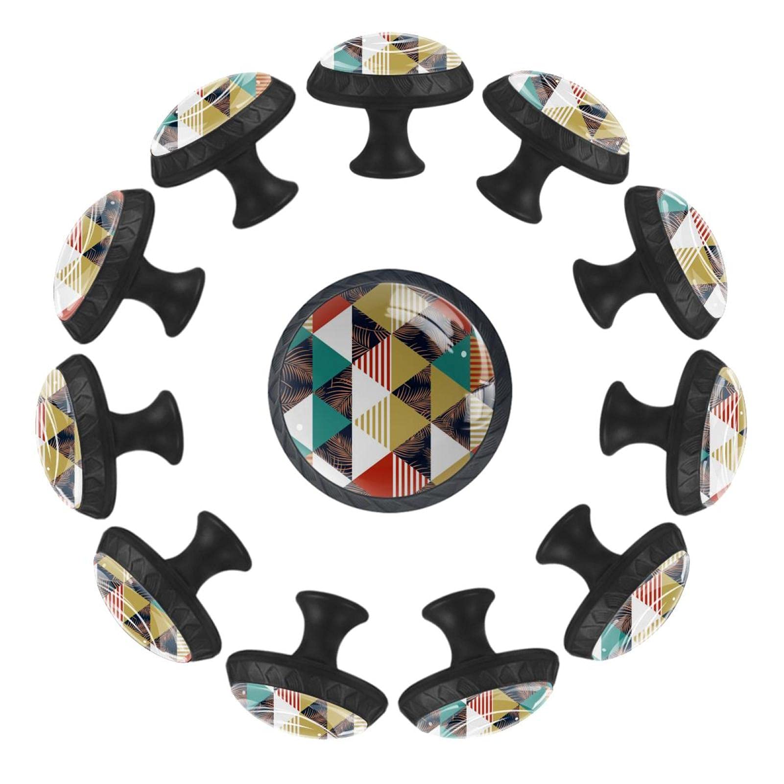 Boutons de tiroir ronds imprimés feuilles et triangles de 35 mm pour mobilier, x12