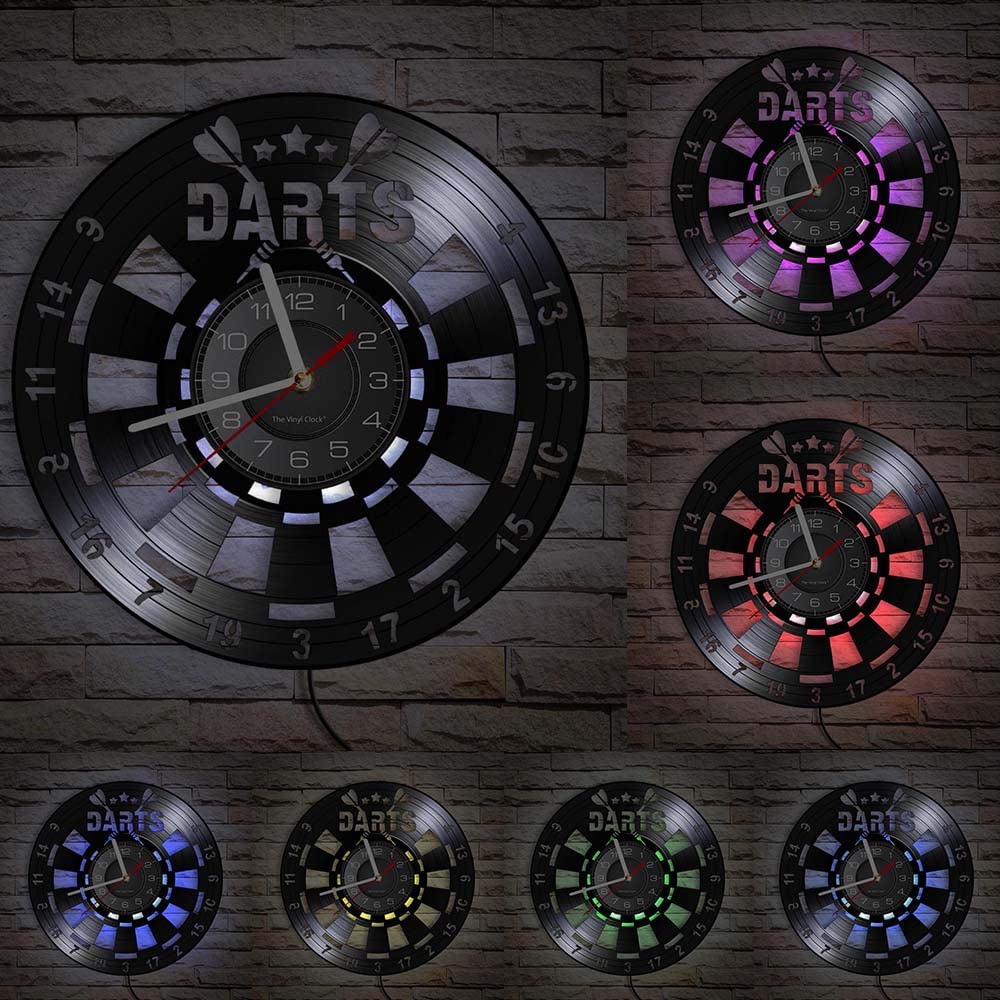 Reloj de pared de vinilo, con forma de dardo simulado con luz LED de control remoto, es un reloj de pared para los entusiastas del deporte