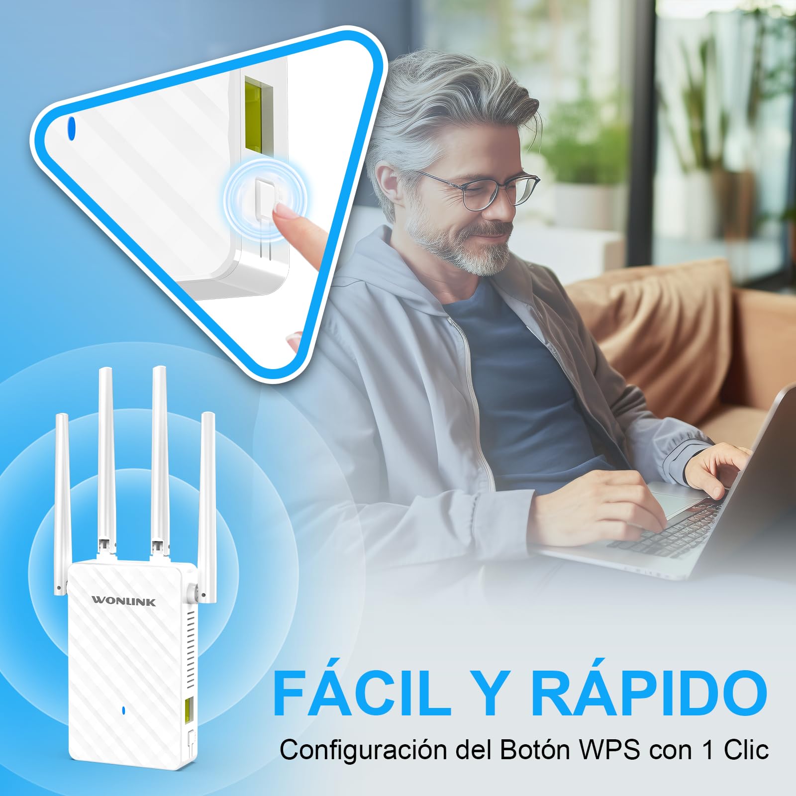 Repetidor WiFi, 1200Mbps Amplificador Señal WiFi Doble Banda 5G/2.4G con 4 Antenas Externas, 3 Modos(Repetidor/Router/Ap), Puerto Ethernet, WPS/MU-MIMO, Luz Indicadora, Interior, Enchufe EU