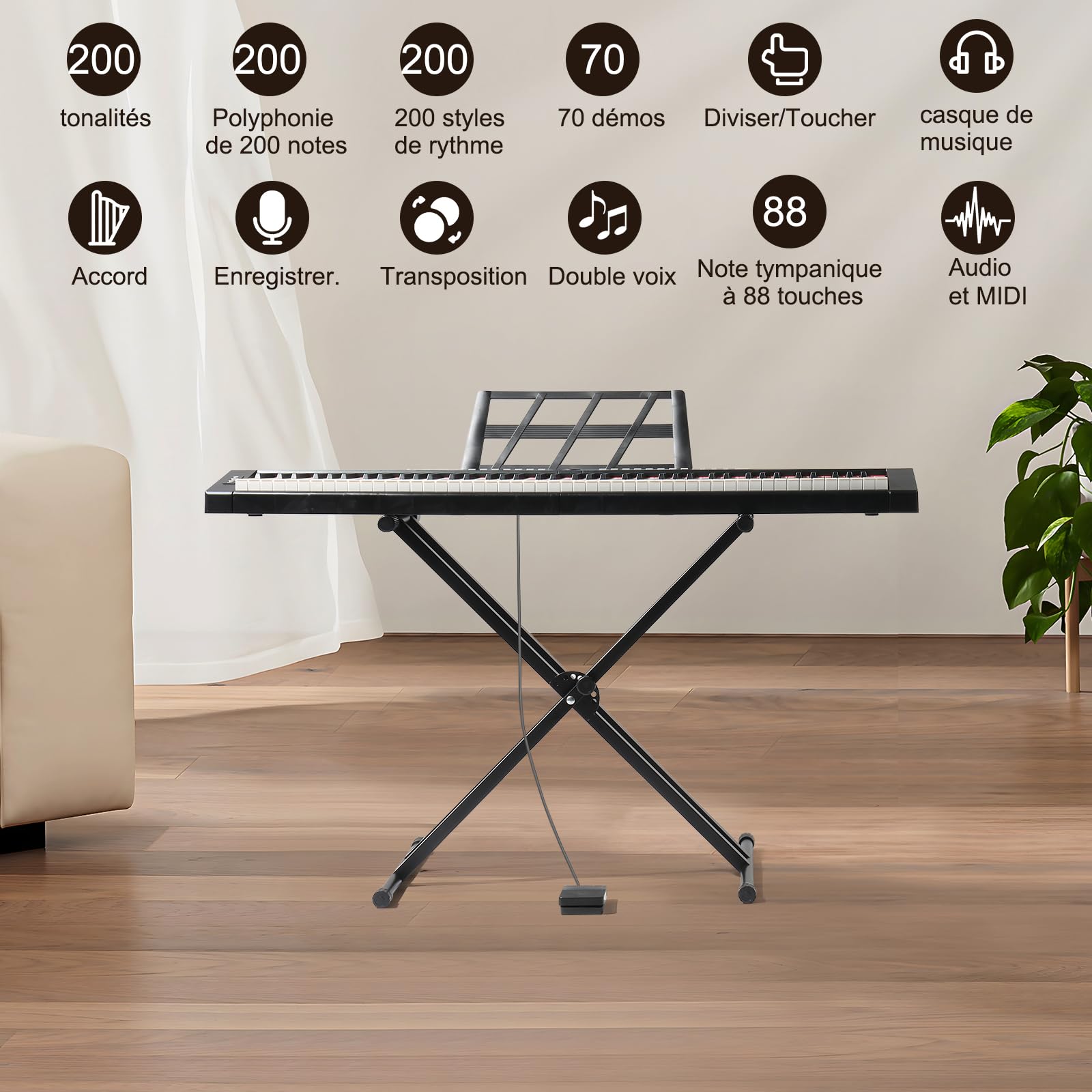 LEADZM Piano Numérique Semi-Marteau 88 Touches, avec Support en Forme de X à Double Tube, Clavier Électronique avec Pédale de Sustain, MIDI, Pupitre de Partition, Écouteurs (Noir)