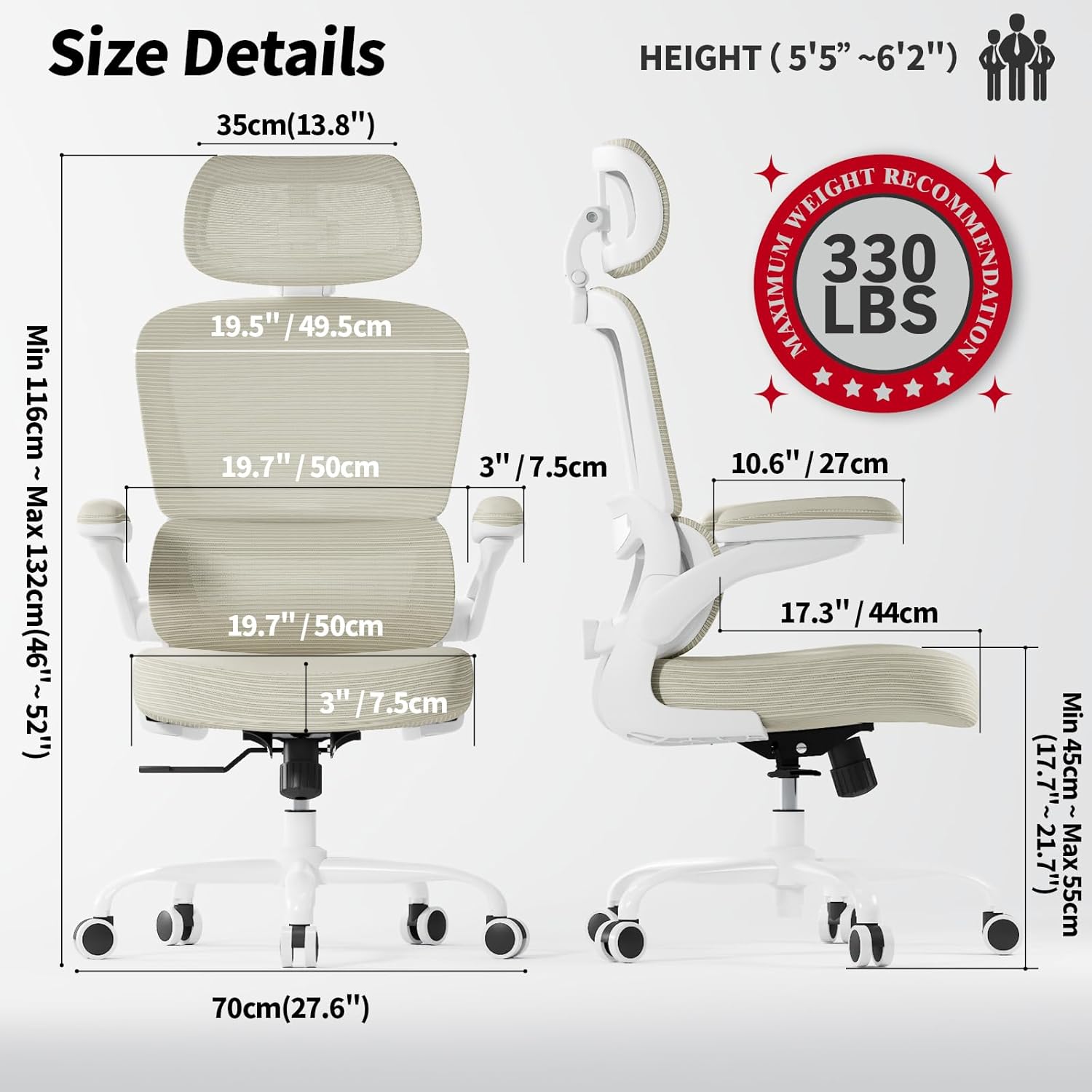 Similar TRALT Ergonomic Office Chair - Desk Chair with Adjustable Headrest Lumbar Support Computer Chair - Mesh Comfy Chair with Flip-up Armrests - Gaming Chairs for Adults Home Office (Leather, Beige)