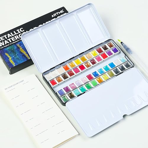 Miniatura 6 de ARTSY Juego de pintura de acuarela metálica, 48 colores de purpurina en una caja de metal con paleta perfecta para artistas, aficionados,