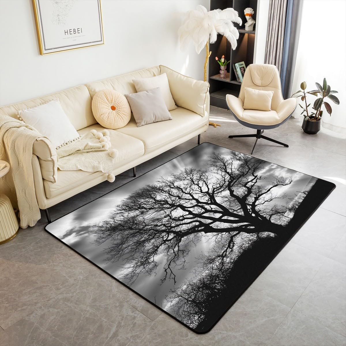 Tapis botanique noir et blanc Loussiesd 100x150 cm antidérapant pour chambre