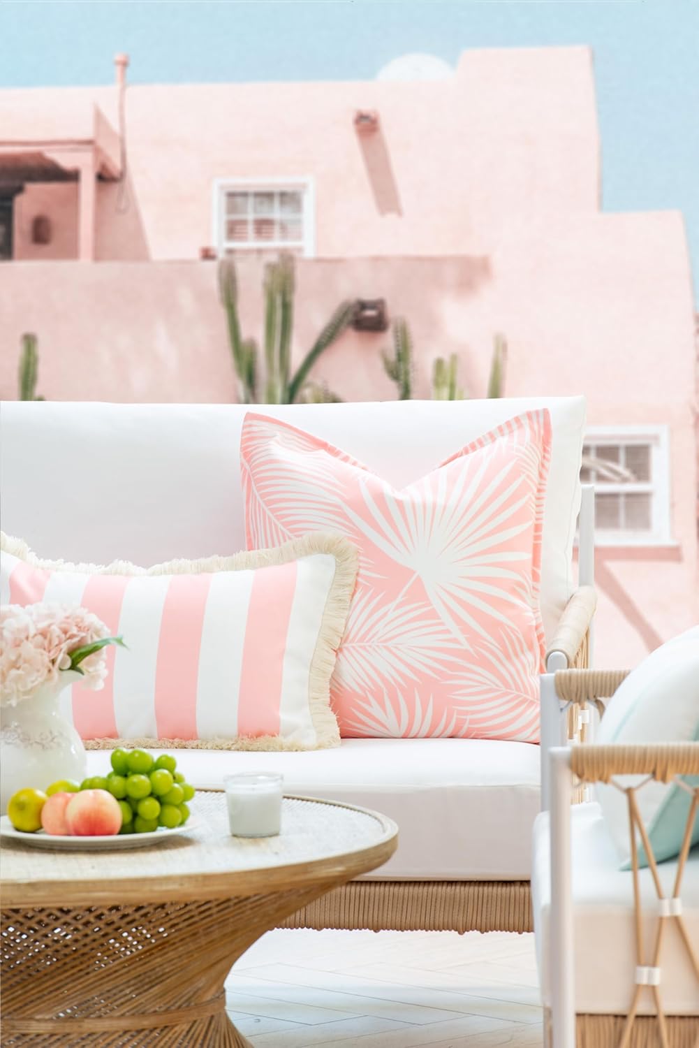Hofdeco Premium Coastal Patio Indoor Outdoor Lumbar Pillow Cover Only, 12"x20" Water Repellent for Backyard, Couch, Blush Pink Stripe Fringe