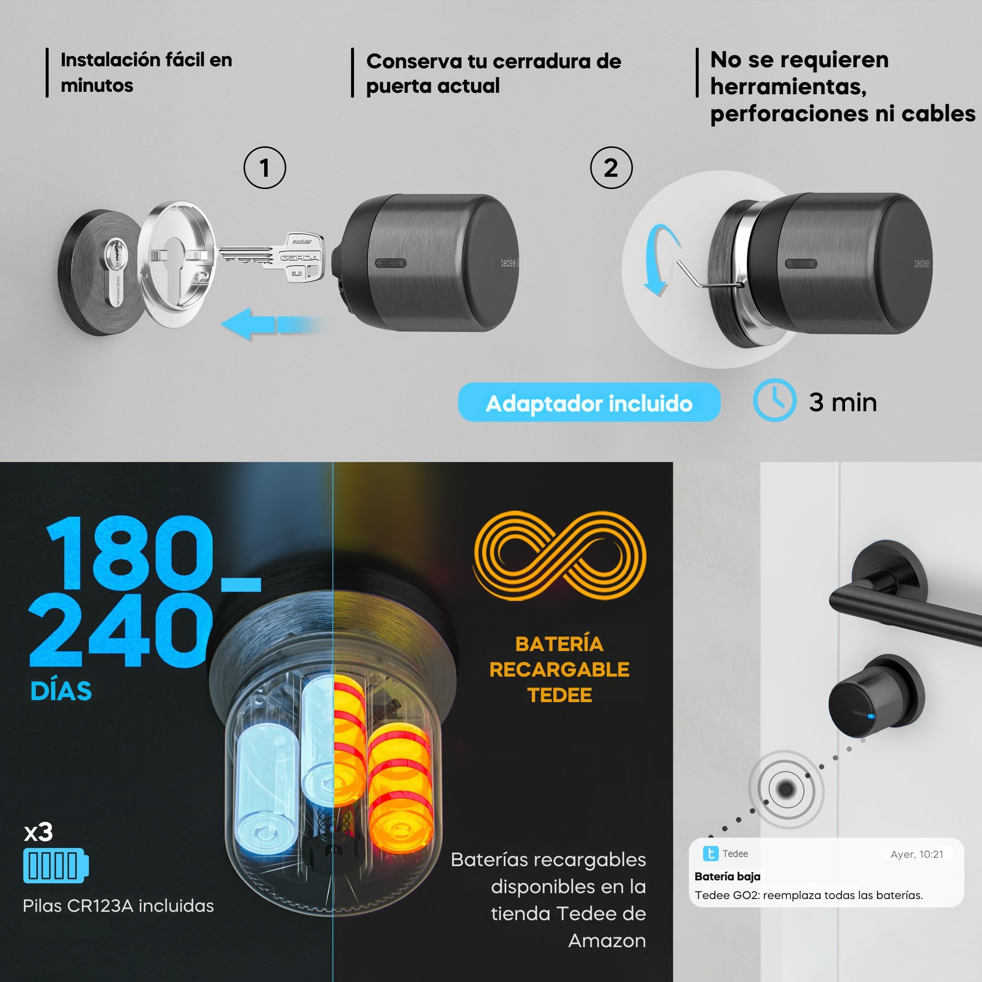 tedee GO2 Alu Cerradura Inteligente con WiFi y Bluetooth, Electrónica Kit con Cilindro Exxo Smart 31-62/31-62mm y Bridge, para Acceso Remoto y Desbloqueo Automático, Compatible con Alexa Google Matter