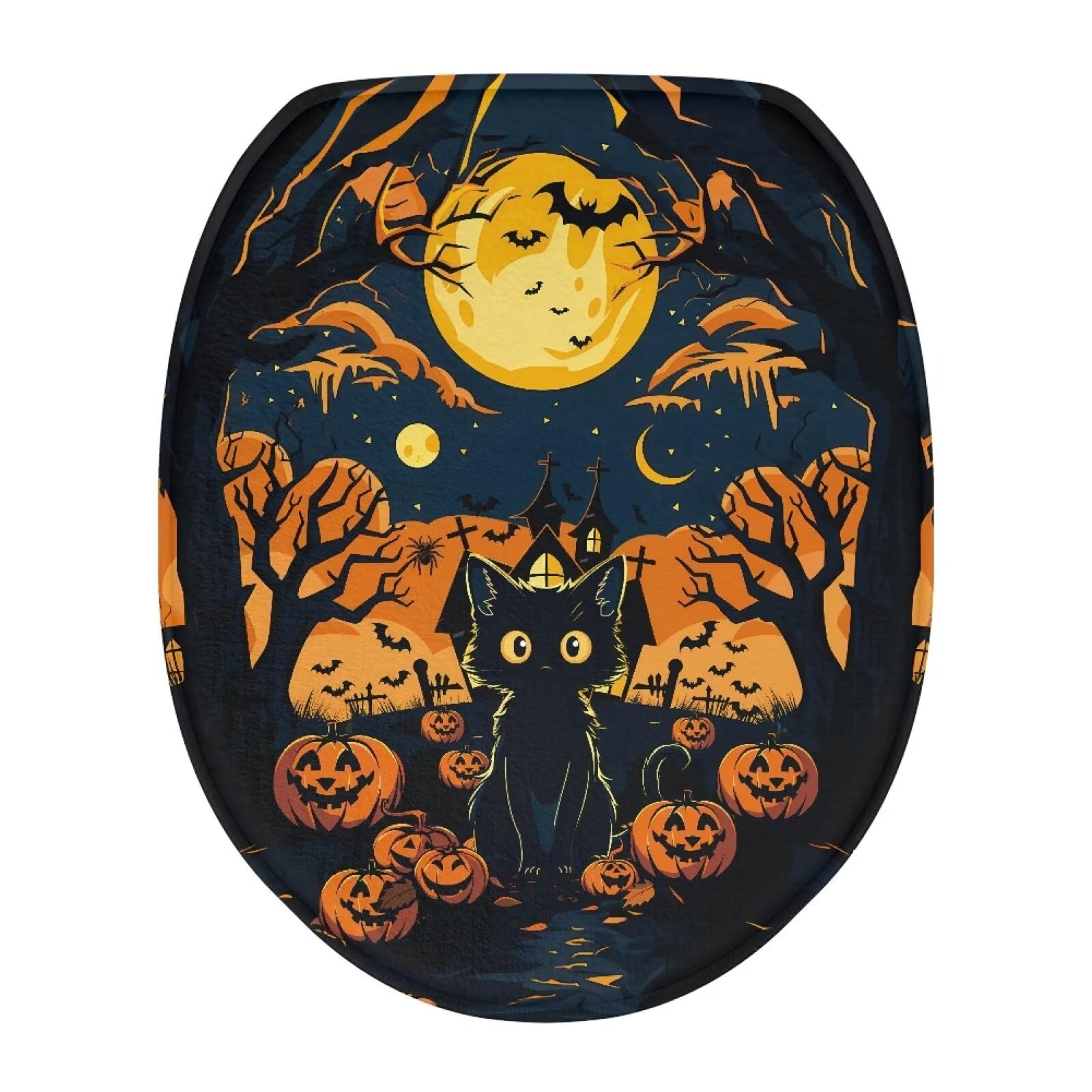 Wiryuouvt Black Cat Toilet Seat Lid Cover Pumpkin Toilet Seat Covers for Bathroom Moon Elongated Toilet Lid Cover Round Toilet Seat Cover Fits Most Toilet Covers Decor for Halloween