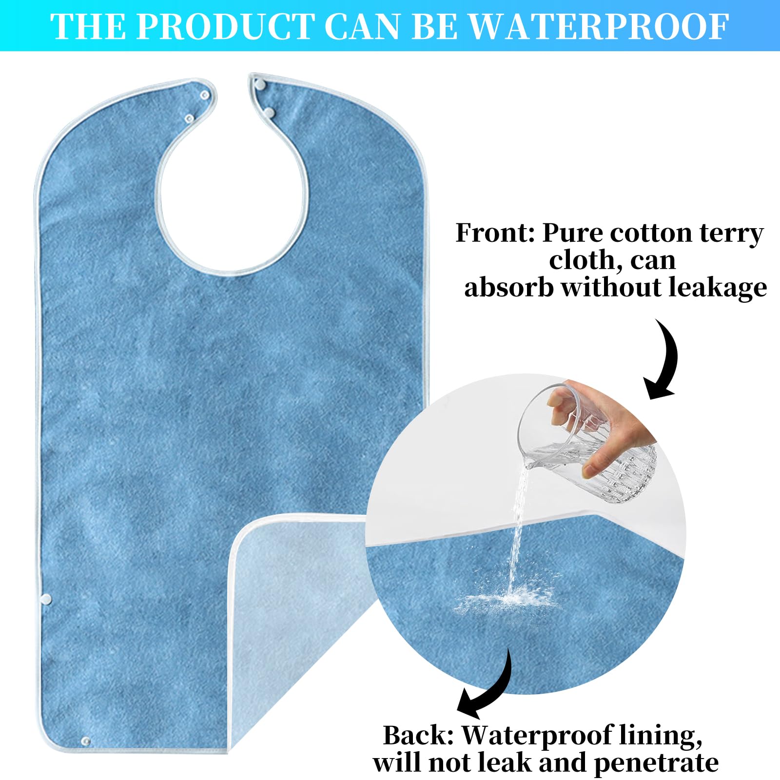 Baberos para adultos, paquete de 3 unidades, resistentes al agua, baberos para adultos, con botones de presión y guardabarros, protector de comida impermeable para hombres, mujeres, ancianos y
