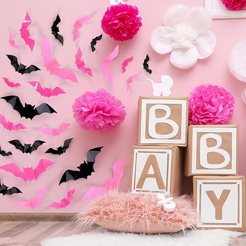 Miniatura 4 de Whaline 224 piezas de decoración de pared de Halloween, murciélagos 3D con adhesivo de espuma, negro, rosa, rosa, rojo, impermeables, espeluznantes,