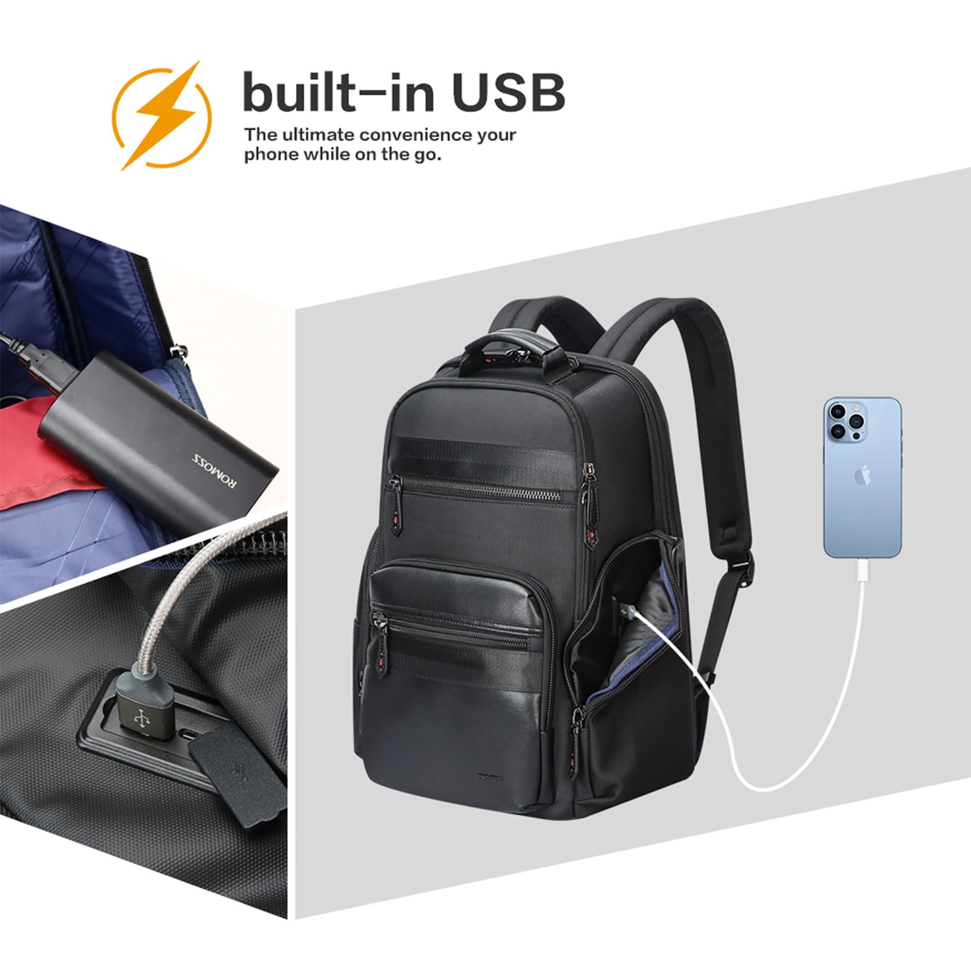 Mochila de viaje de 30L para hombre, mochila de negocios para laptop de 15.6 pulgadas con carga USB, mochila resistente al agua, color negro 3