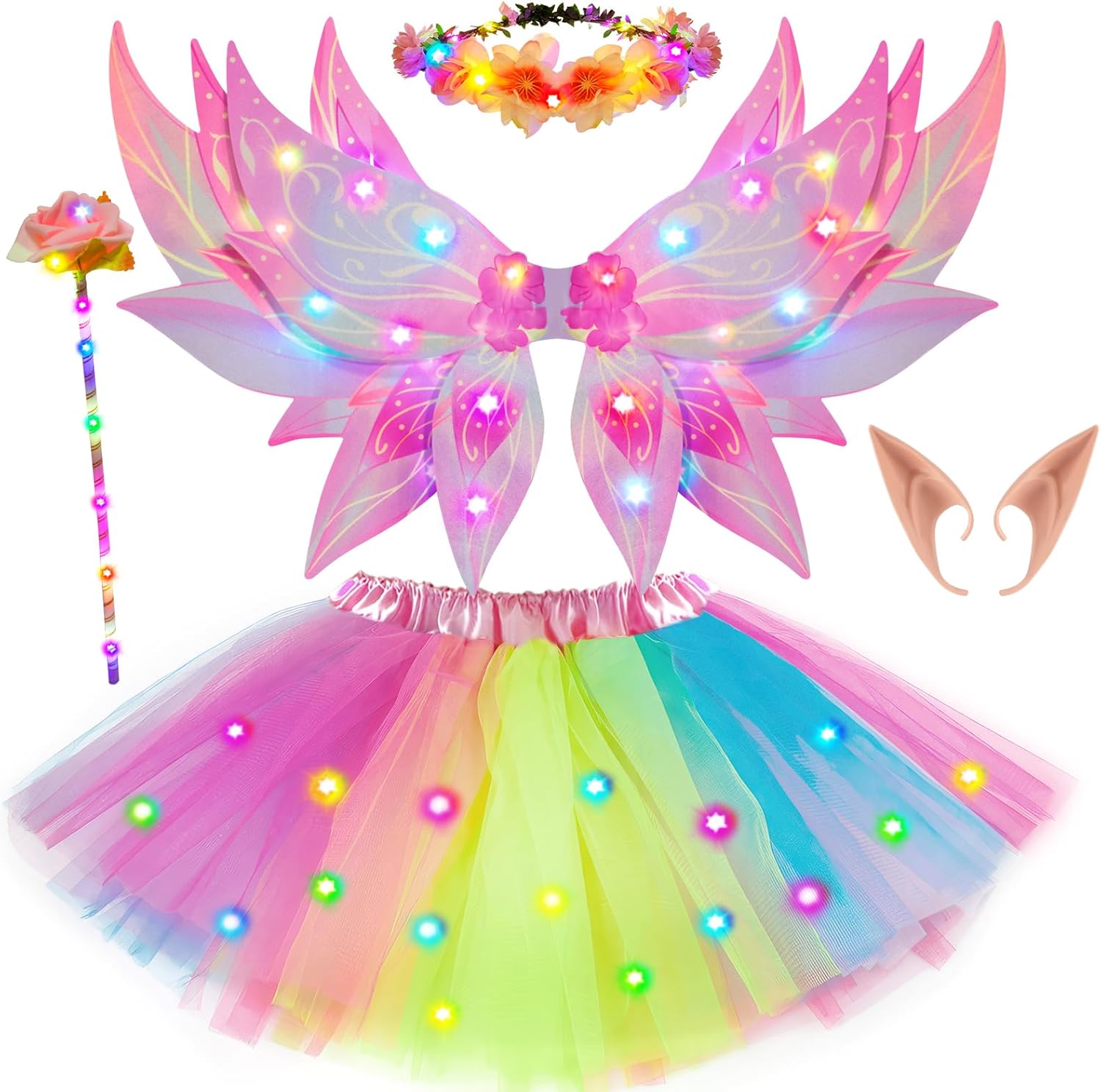 ((Incomplete))G.C Girls Fairy Wings Costume Kids Toddler Light Up LED Butterfly Wings with Fairy Ears Wand Crown Tutu Halloween Gifts Pink