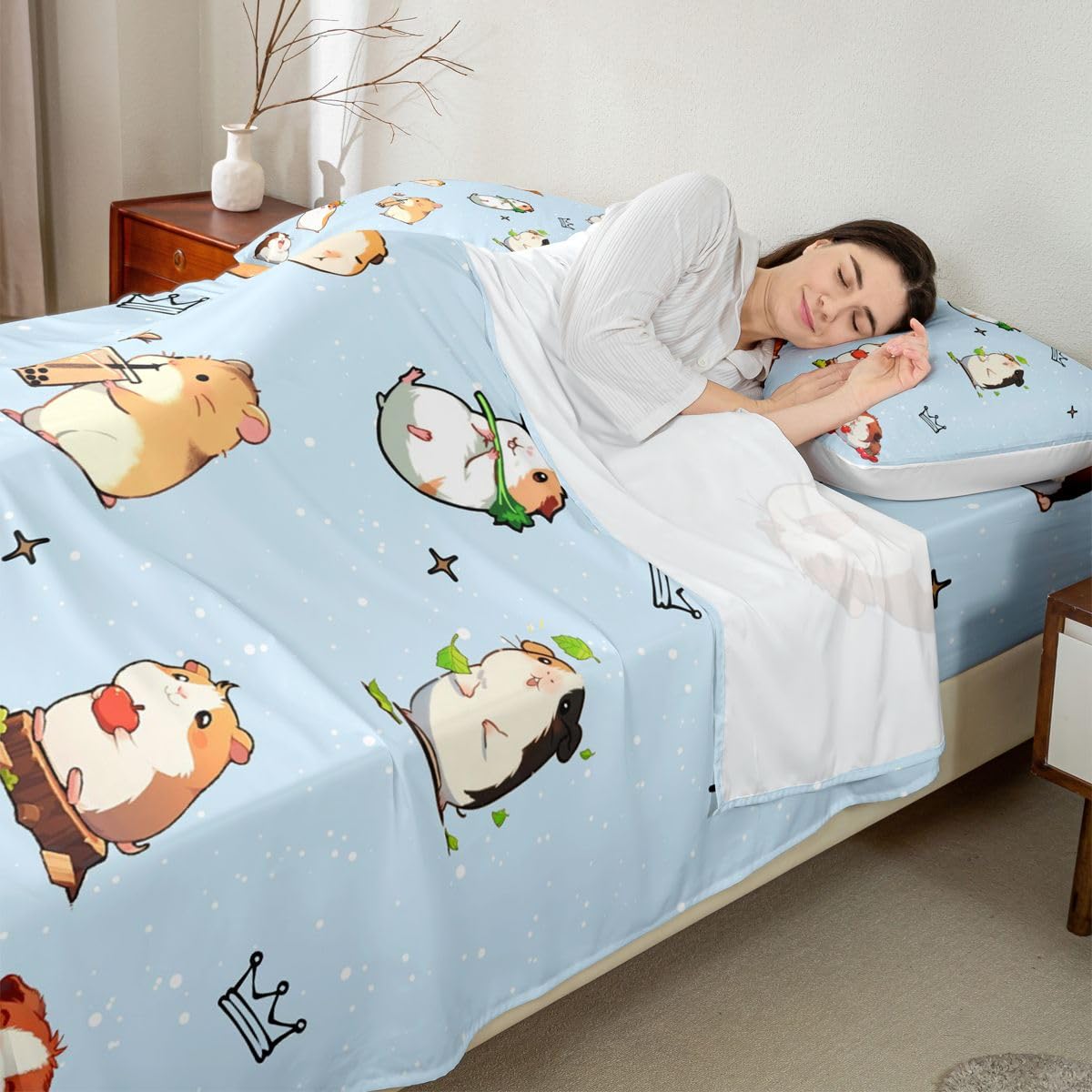 Homewish Kawaii Świnka morska zestaw pościeli podwójne kreskówka mysz prześcieradła gryzonie zwierzę pościel - herbata mleczna i owoce wzory prześcieradła zestaw 4 sztuk