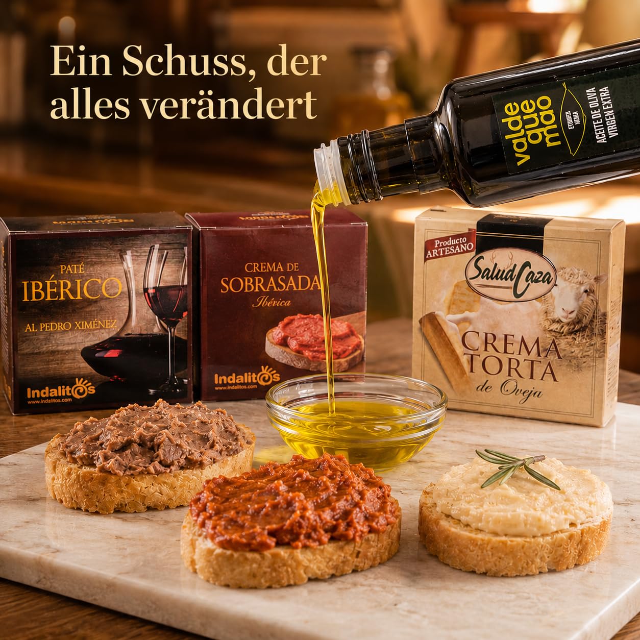 Geschenkkorb gefüllt für Frauen mit spanischem Olivenöl 250 ml, Iberische Pastete, Sobrasada, Käse-Aufstriche & Picos – Geschenkidee Muttertag, Geburtstag, Dankeschön (7 Stück)