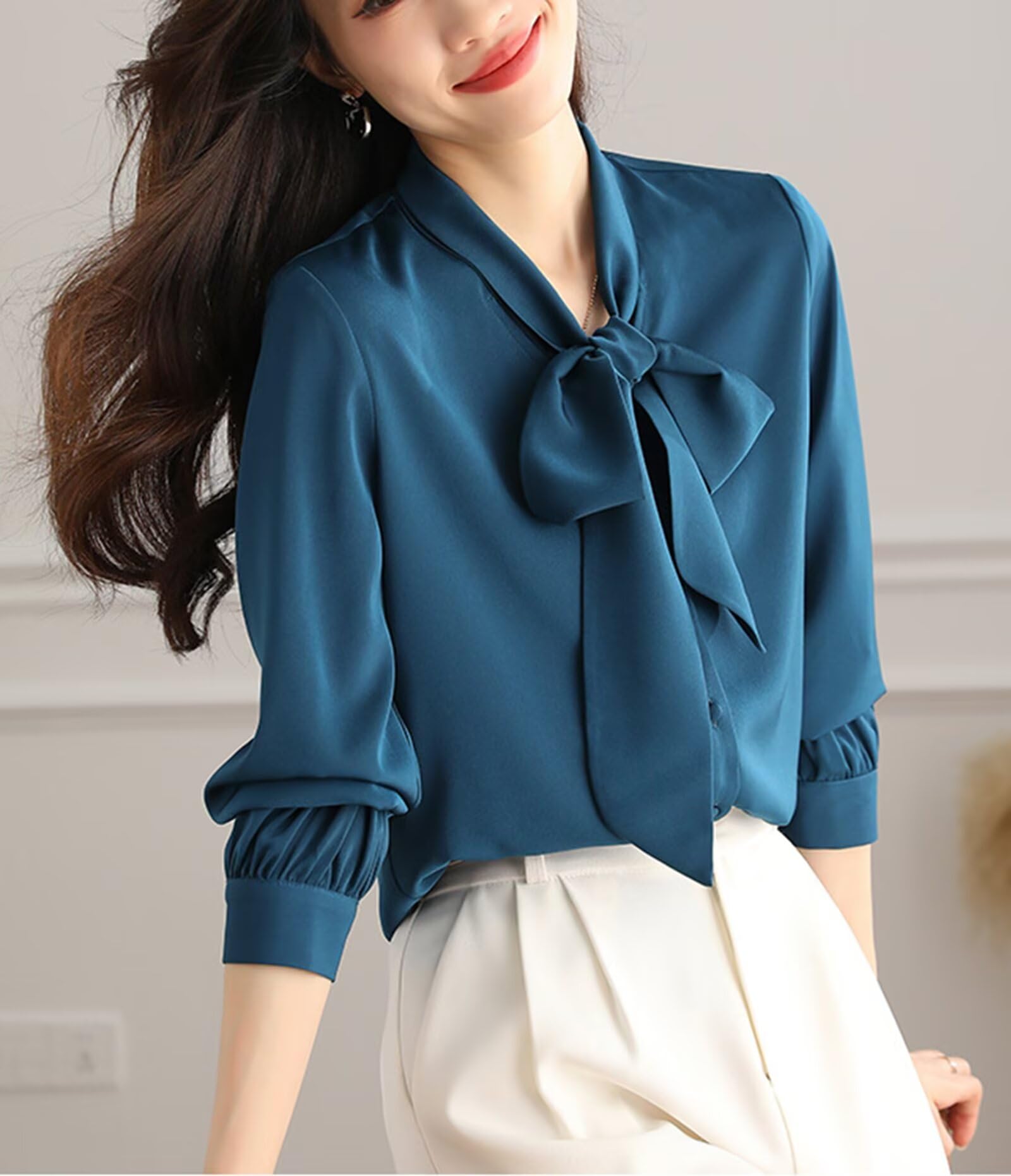 HNVAVQ Camicia Elegante in Seta 100% Donna Elegante Blusa Manica Lunga