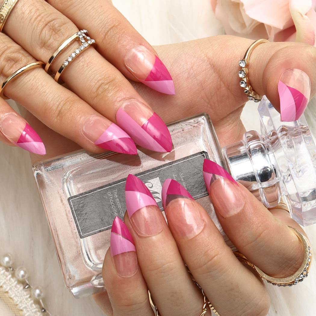 Amazon.com : Uranian Stiletto Press on Nails Long Purple Summer Fake Nails  Glossy False Nails Splicing Almond Full Cover French Nails Acrylic Nails  Tips for Women and Girls (24Pcs) (Style4) : Beauty
