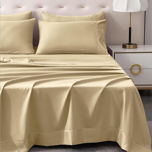 Miniatura 3 de Juego de sábanas de 6 piezas de color beige camello con bordes similares, tamaño Queen, sábanas de bolsillo profundo para colchón de 16 pulgadas,