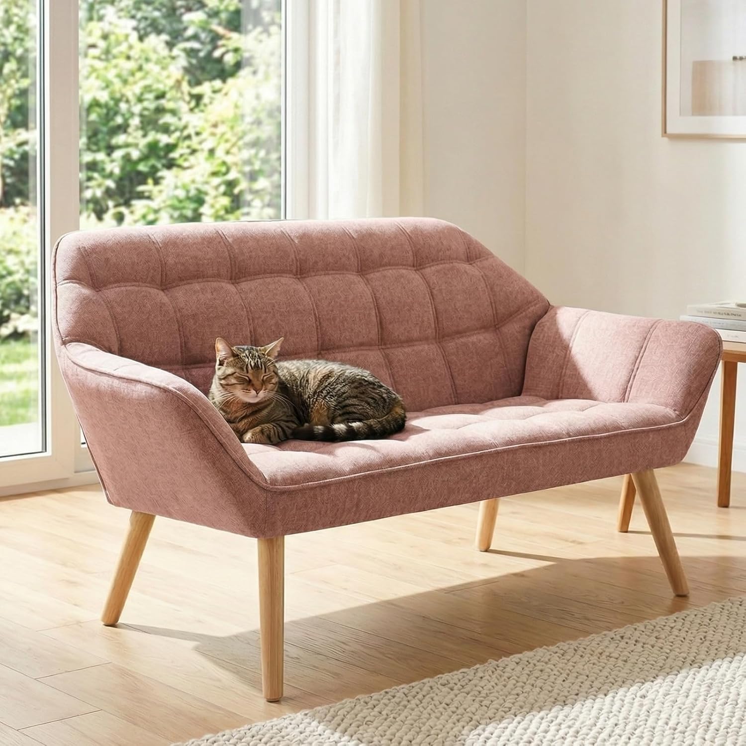 48" Small Loveseat Sofa, Modern Linen Fabric Mini Sofa Couch 2-Seater Love Seat with Quilting Backs and Wood Legs for Living Room, Bedroom and Small Space, Pink