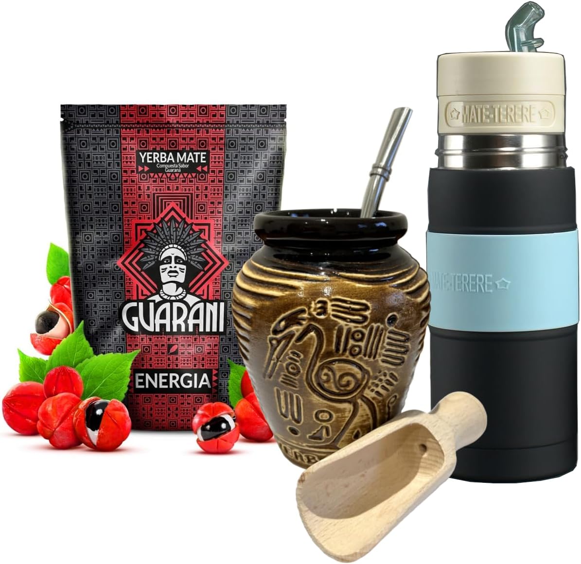 The Yerba Project Mate Tea Guarani Energy | Natural Strong Drink Complete Set Begginer’s Kit Booster |Guarani 500g Starter Ceramic Cup 300ml Yerbomos 2.0| Bombilla