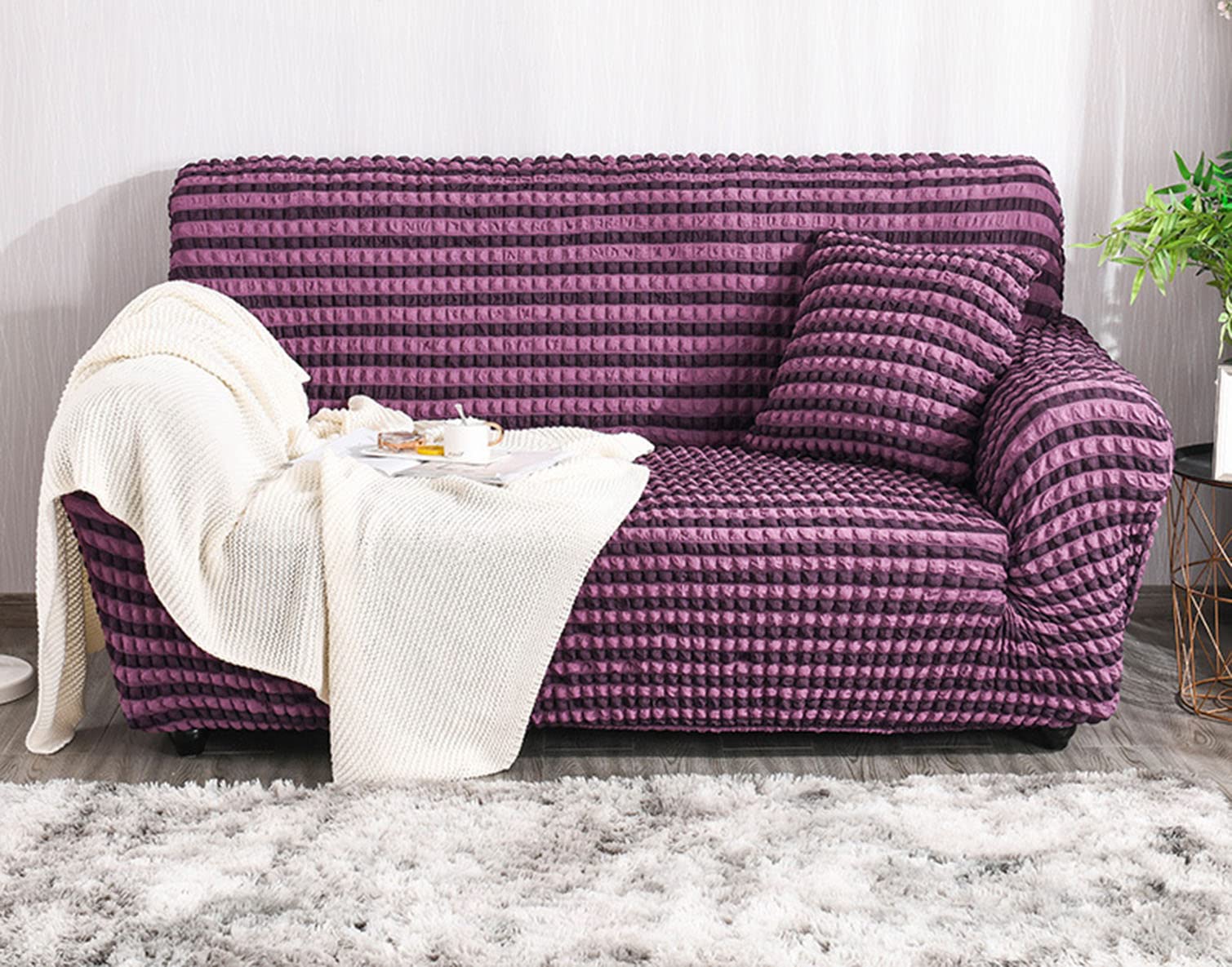 Housse de canapé extensible violette pour salon moderne fauteuil seersucker