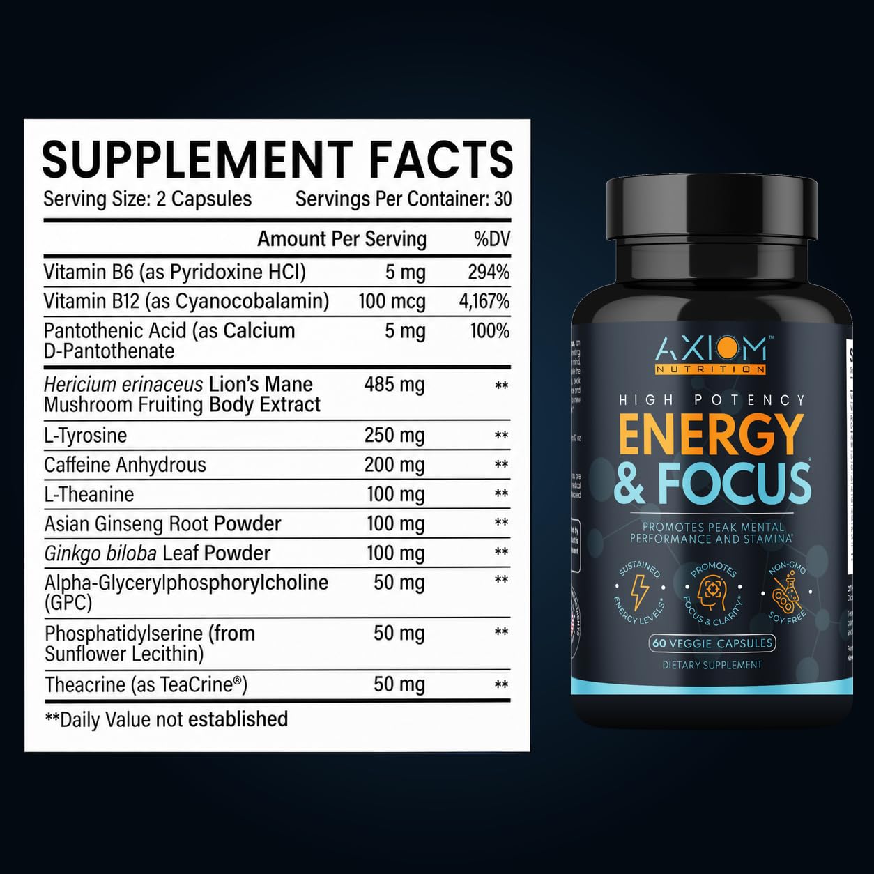 Energy and Focus - Extra Strength 200mg Caffeine and Lions Mane Mushroom Supplement, 60 Capsules - with Alpha GPC, L-Theanine, L-Tyrosine to Support Brain Function and Concentration — Amazon image 9