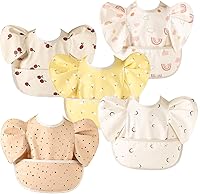 Vista 1 de Paquete de 5 baberos ajustables para comer, baberos de alimentación para bebés, impermeables, lavables con gran receptor de alimentos, a prueba