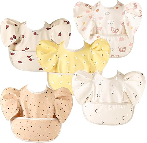 Paquete de 5 baberos ajustables para comer, baberos de alimentación para bebés, impermeables, lavables con gran receptor de alimentos, a prueba de