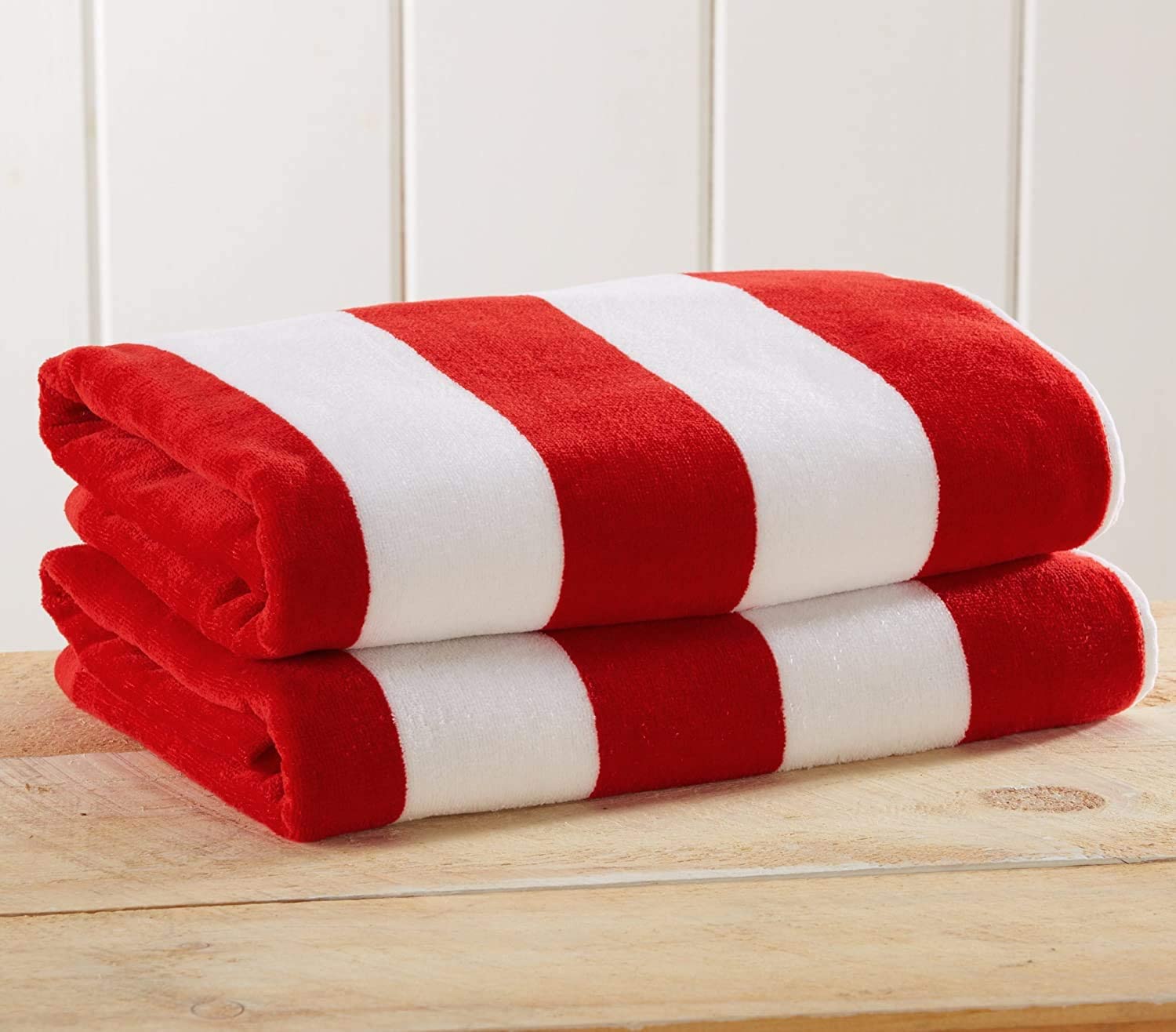 ABM UNLIMITED Plush Velour 100% Cotton Cabana Stripe Soft Hand, Gym & Workout Towel - Set of 2 (Red)
