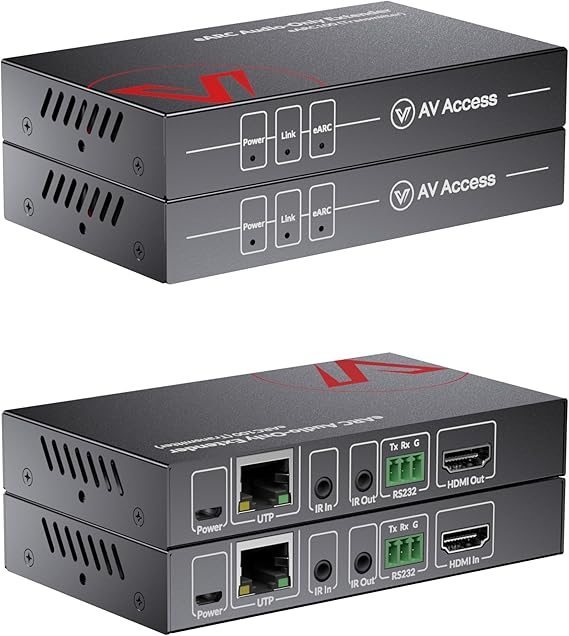 AV Access eARC & ARC Audio Extender Over Cat 5e/6/6a/7 Ethernet Cable Up to 100m/330ft, Audio Extender with 2-Way IR, RS232 & CEC, Ideal for Home Theater(eARC100)