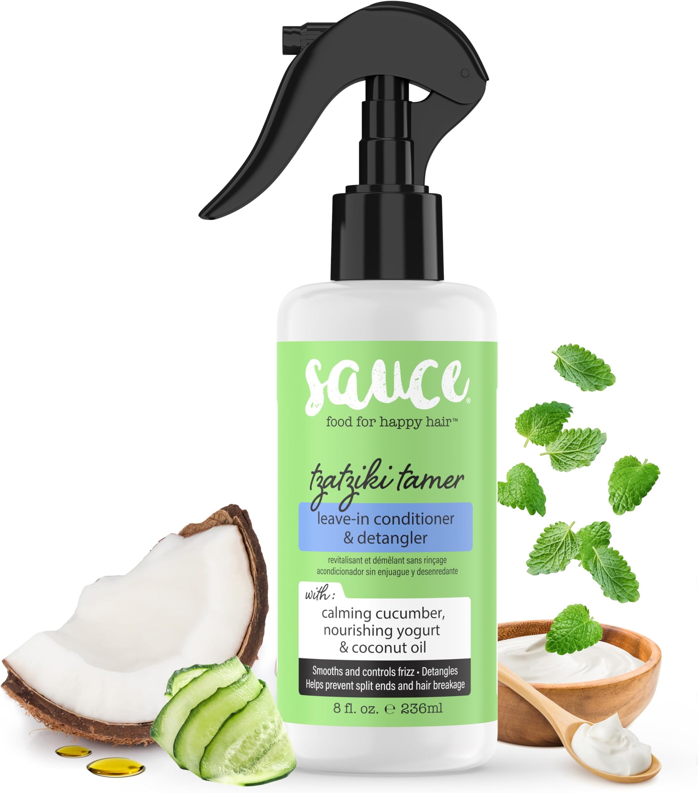 Tzatziki Leave In Conditioner and Detangler Spray - Leave In Conditioner For Curly Hair, Oily & Damaged Hair - Smoothening & Taming Leave-In Conditioner Spray with Coconut Oil (8 Fl Oz)