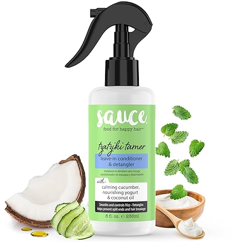 Acondicionador para dejar en el acondicionador y desenredante de Tzatziki con agua de pepino, aceite de coco, yogur y menta para ayudar a suavizar