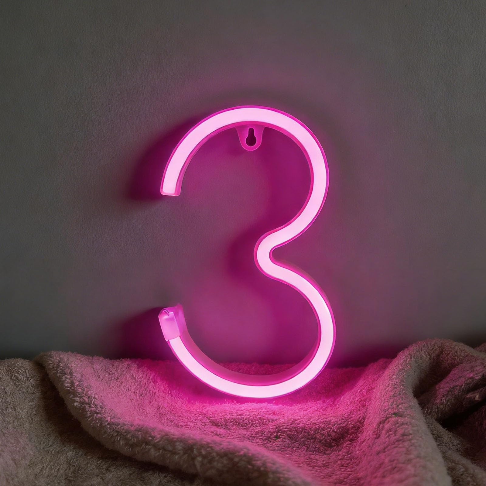 shulovehua Pink Neon Letter Sign Night Lights Battery or USB Operated LED Alphabet Neon Art Lights Wall Decor Light up Words for Parties Desktop Display Restaurant Menu Board Nursery Room (Number 3) — image 1