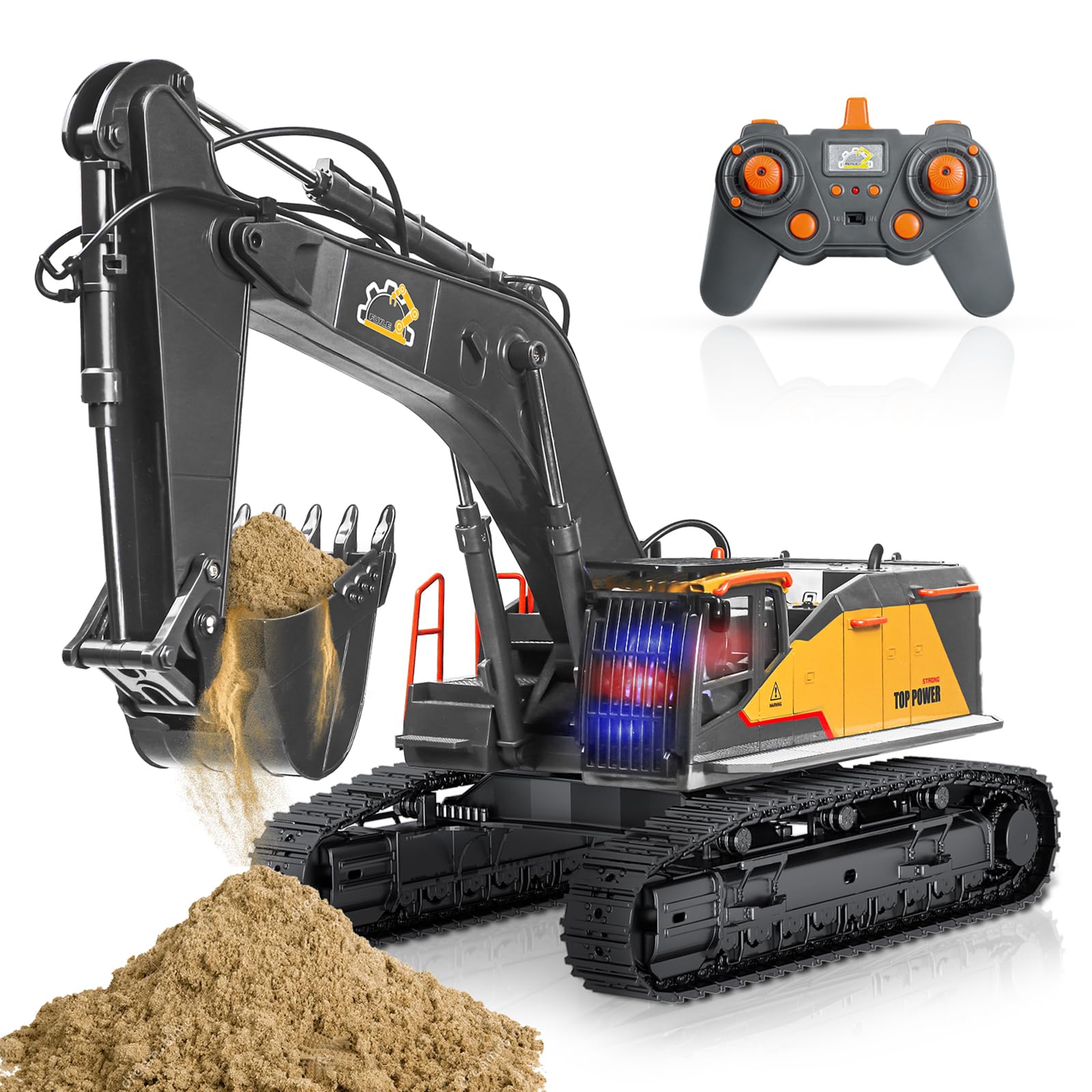 FUYLE Rc Excavator, Independent Arms Remote Control Construction Vehicles 2.4GHz 22 Channel with Lights Sounds, 1/14 Scale Metal Shovel Rc Digger Toys Gifts for Boys Adults
