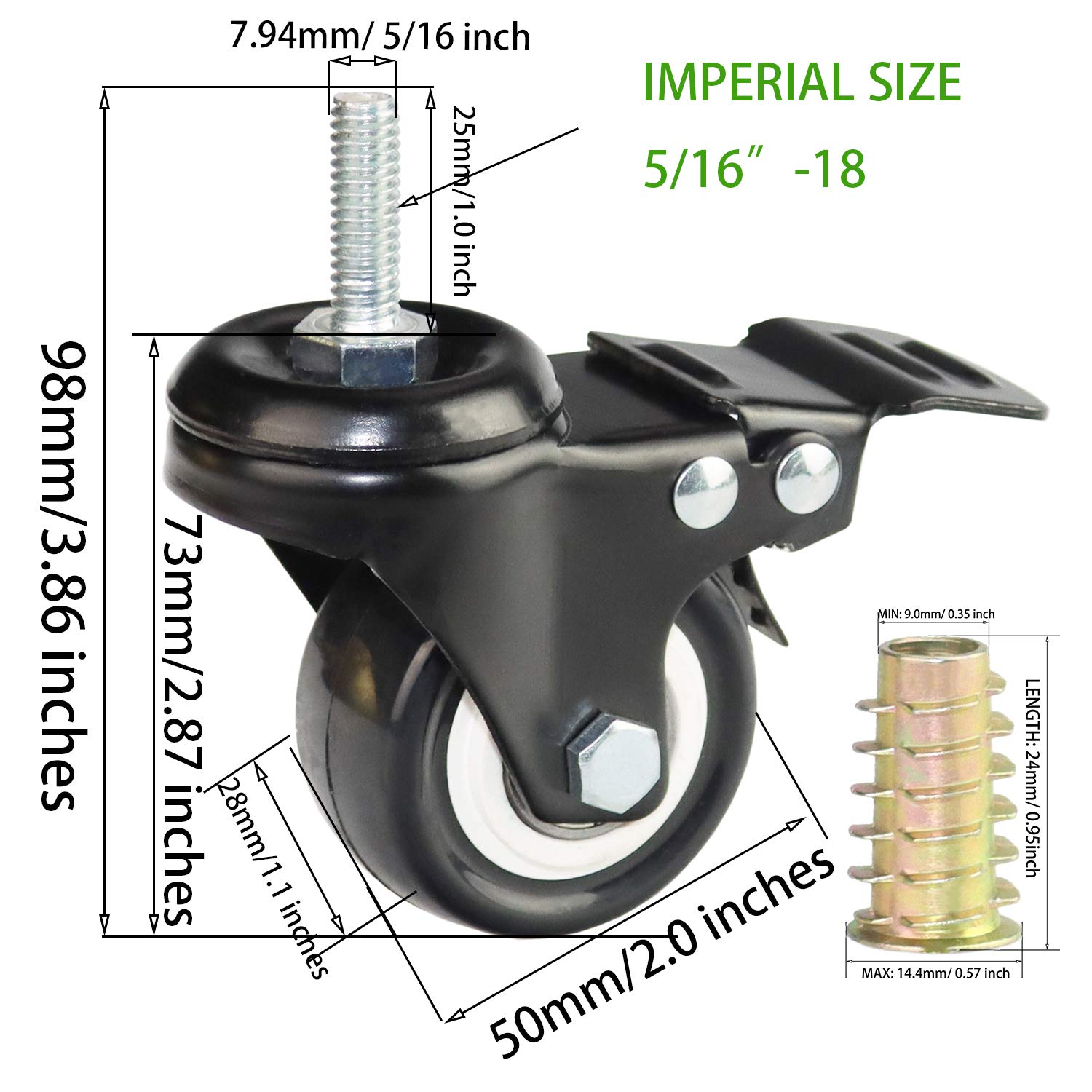 2 Inch Stem Casters, DICASAL Double Brakes Black PU Imperial Inch 5/16"-18x1" Screw Thread 360° Swivel Caster Wheels for Furture Carts DIY Stands 4 Pack