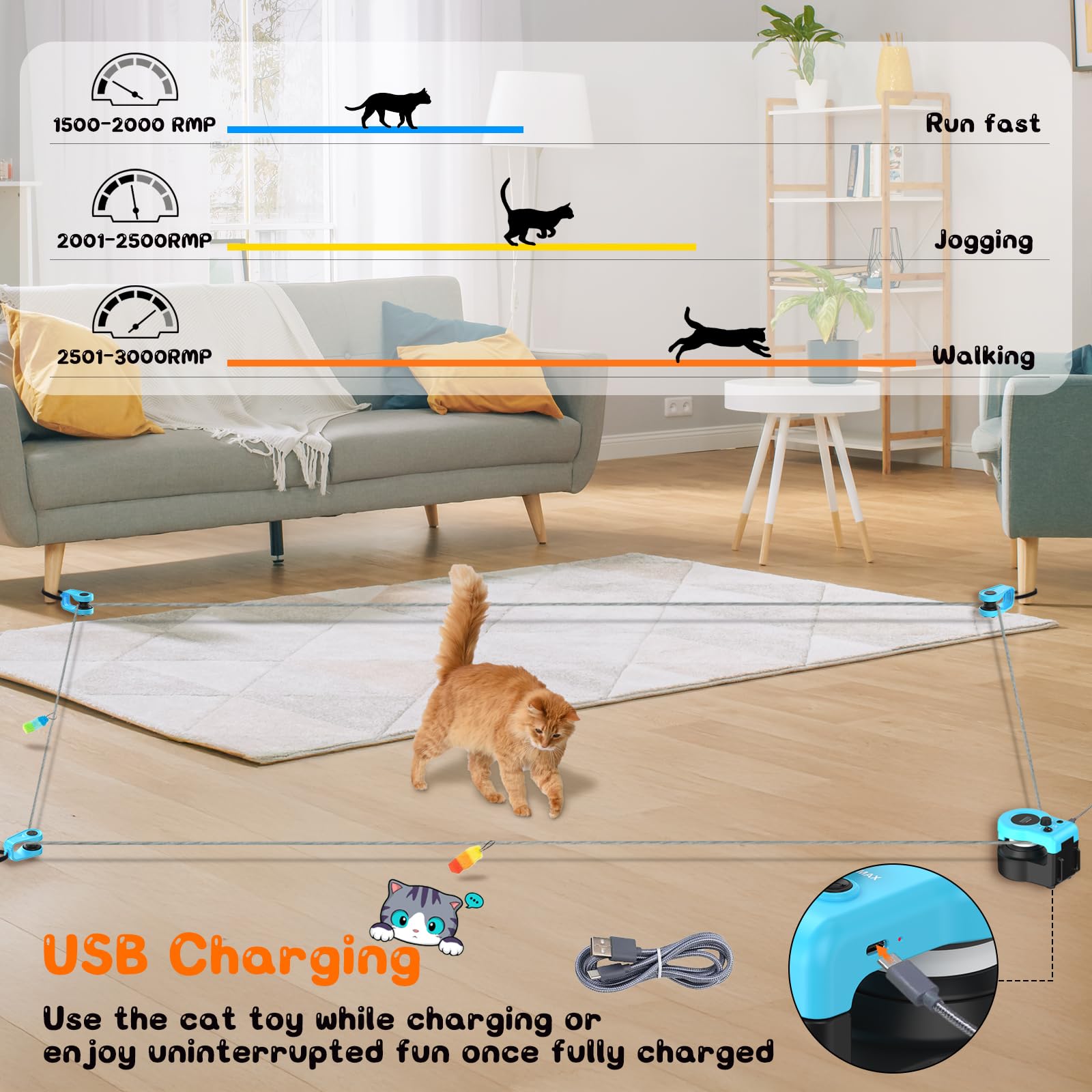 Giocattolo interattivo per gatti per interni, tapis roulant automatico per gatti con telecomando, 3 velocità, motore silenzioso e design durevole, giocattoli di piume per caccia, fitness, tempo di
