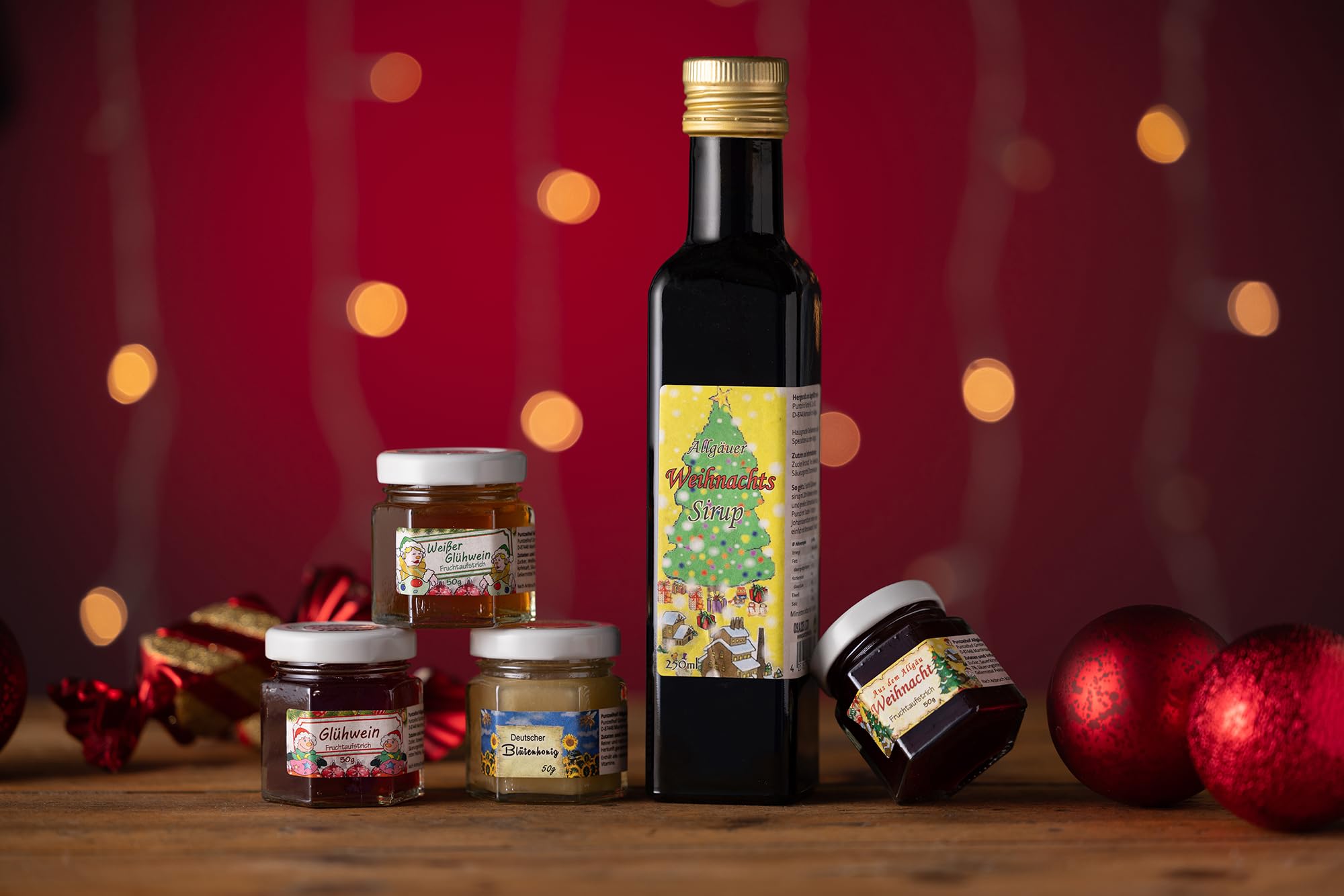 Geschenkset aus dem Allgäu | 250ml Weihnachtssirup für Glühwein und Punsch | Weihnachts Fruchtaufstriche-Honig Geschenkset | Handgemachte Fruchtaufstriche | Deutscher Honig (250ml+4x50g)