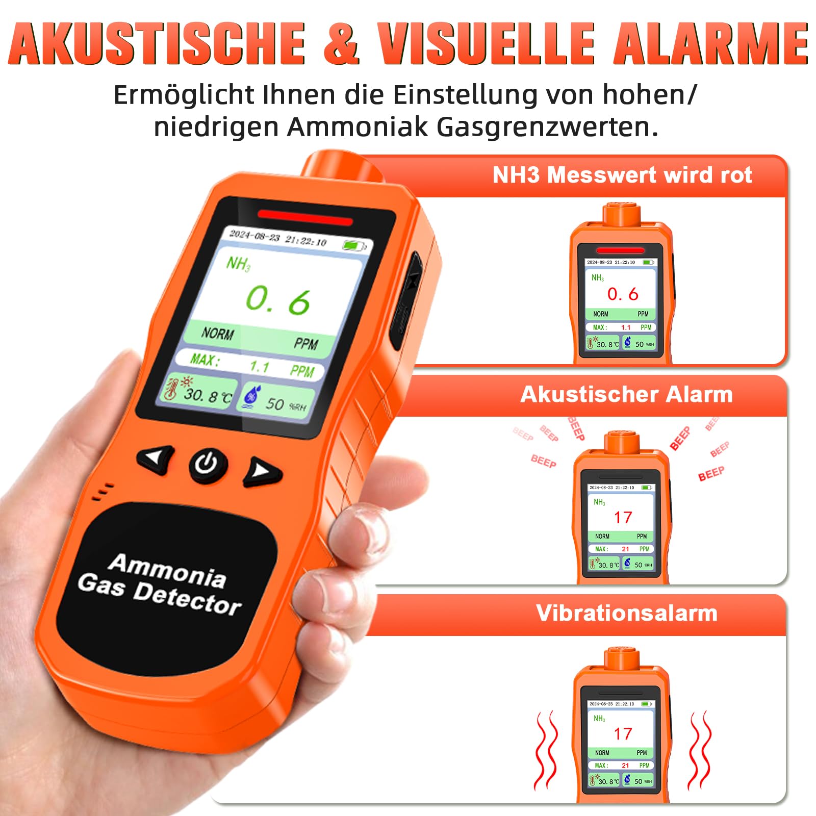 Tragbarer Ammoniak Gasmelder, 0-200 PPM Wiederaufladbarer Ammoniak Detektor, Digitales NH3 Luftqualitätsmessgerät mit Temperatur Feuchtigkeitstester für Stall, Geflügel, Schweine, Vieh, Orange