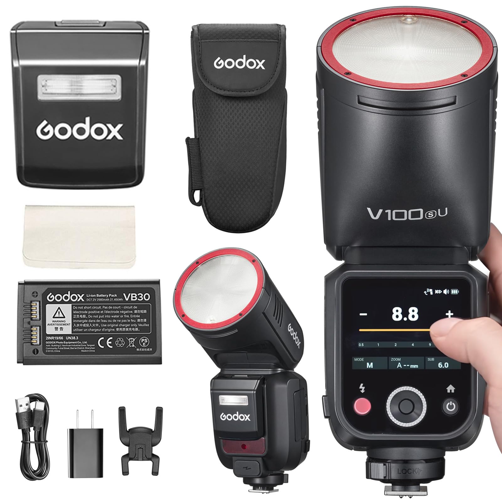 Godox V100 V100-S USA Version Flash for Sony, 100Ws Touchscreen Speedlite, Detachable Sub Flash, USB-C Charge Battery, 2.4G Wireless 1/8000 HSS TTL,
