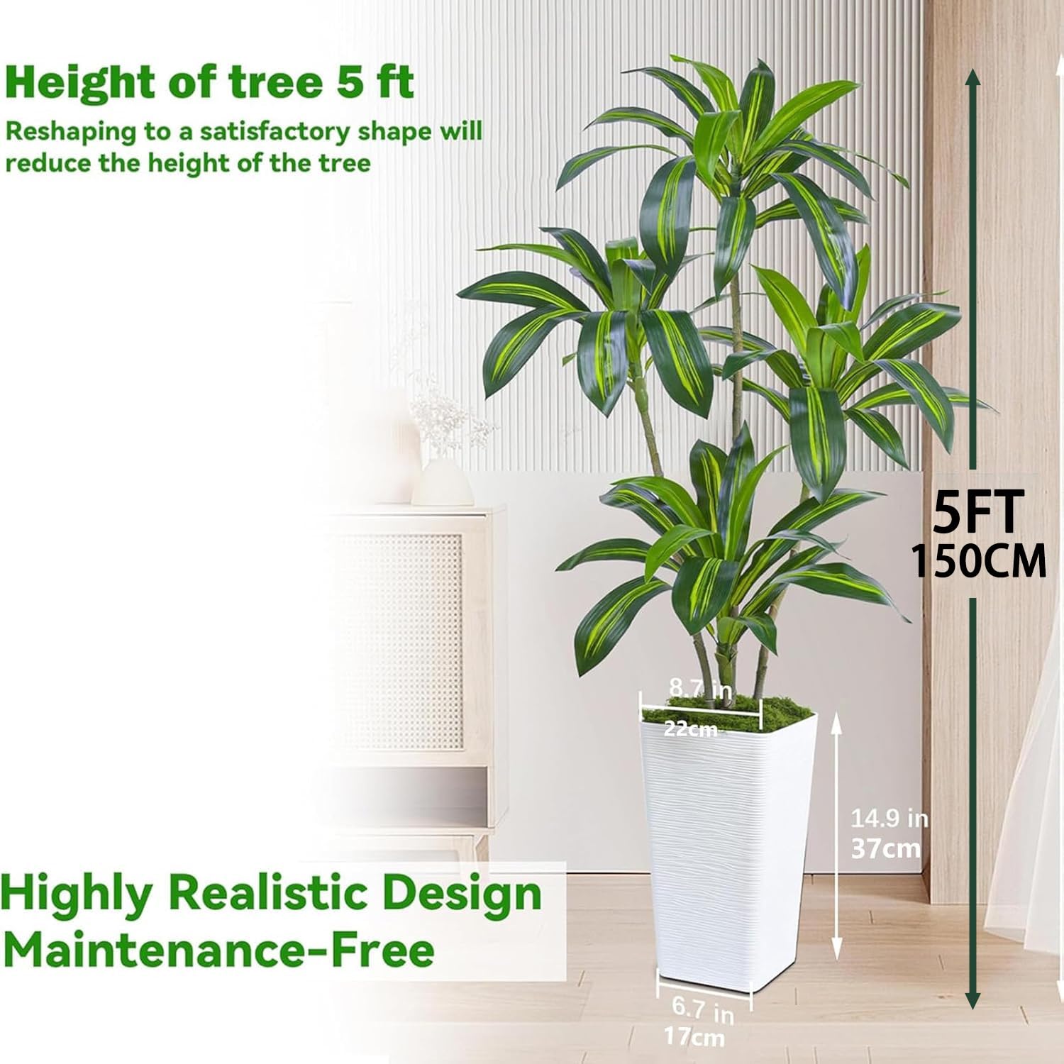 Dracaena Artificiale per Interni 150cm Albero Finto con Fioriera Bianca Alta, Pianta Finta Alta in Vaso, Pianta di Seta Artificiale per la Decorazione Della Casa, Ufficio, Soggiorno, Veranda, Patio