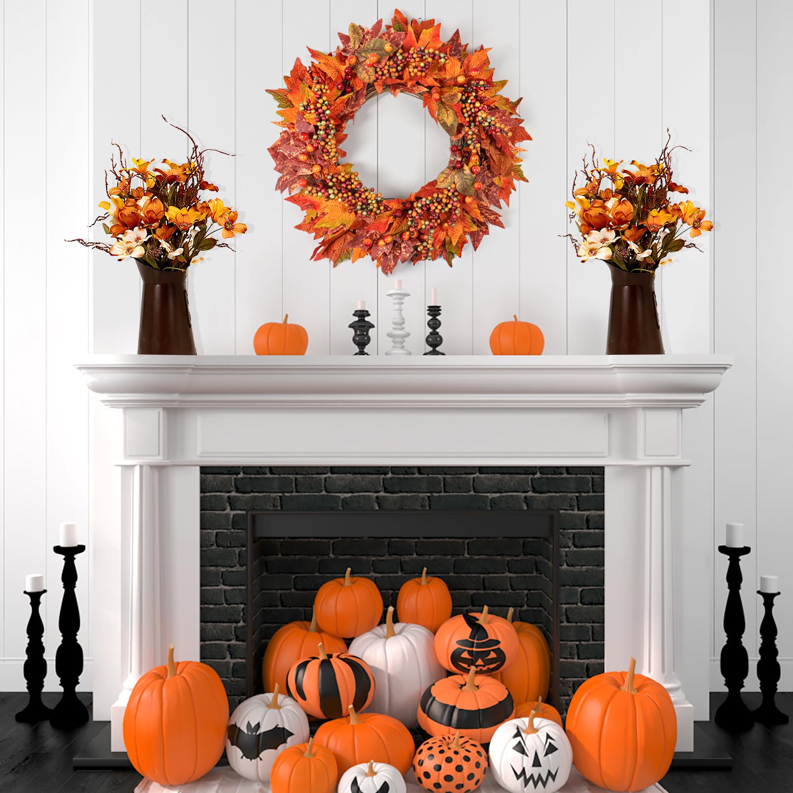 Weldomcor 50cm Groß TüRkranz Herbst, Herbstkranz Haustür mit Beeren Ahornblätter Herbstdeko für Innen Haustür Mantel Outdoor Türen Wand Bauernhof Garten Hochzeiten Parties Festival Dekor(Orange)