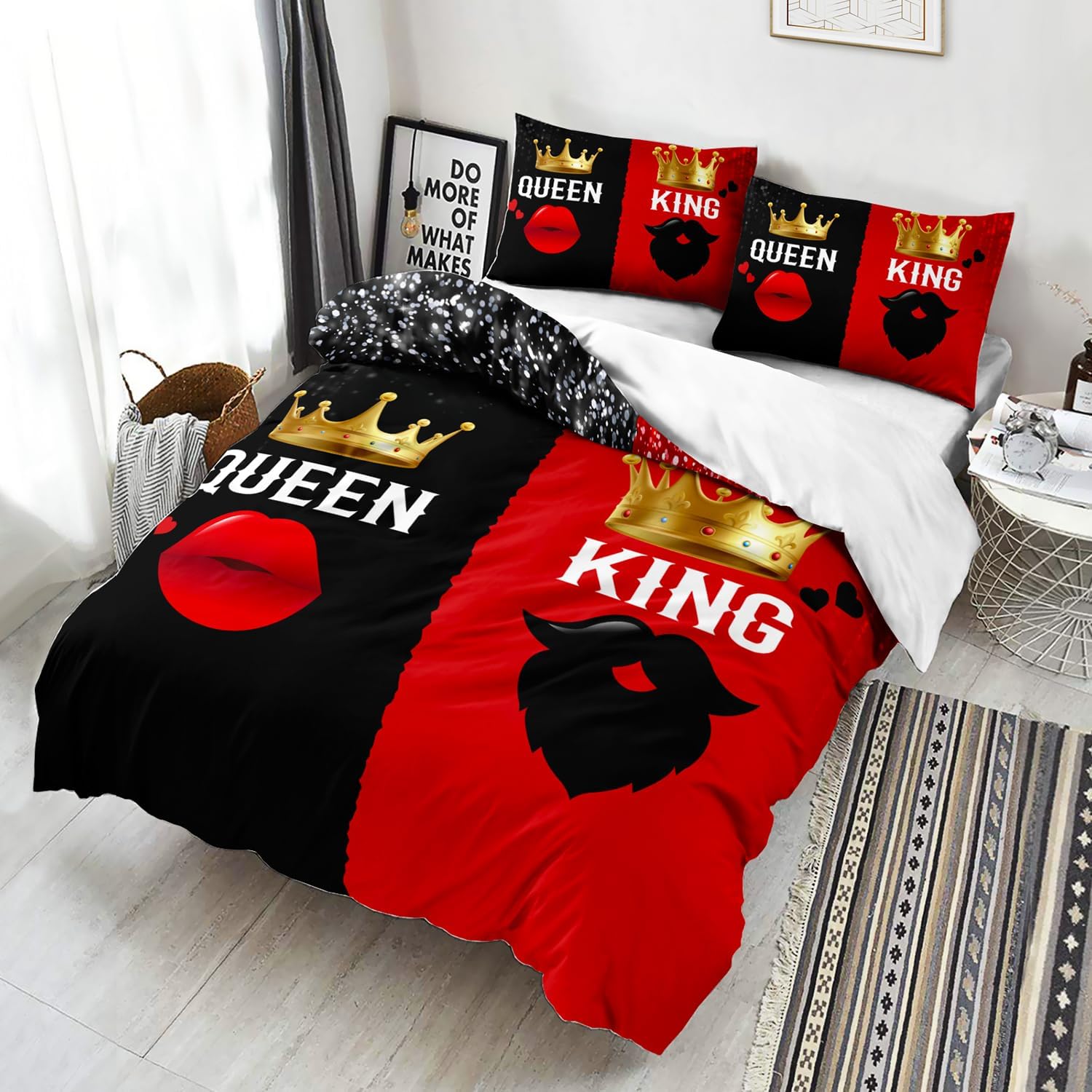 AILONEN King and Queen Duvet Cover Set, Red and Black Crown Comforter Cover Set for Couples, Romantic Mouth and Beard Comforter Cover with 2 Pillowcases, 3 Piece