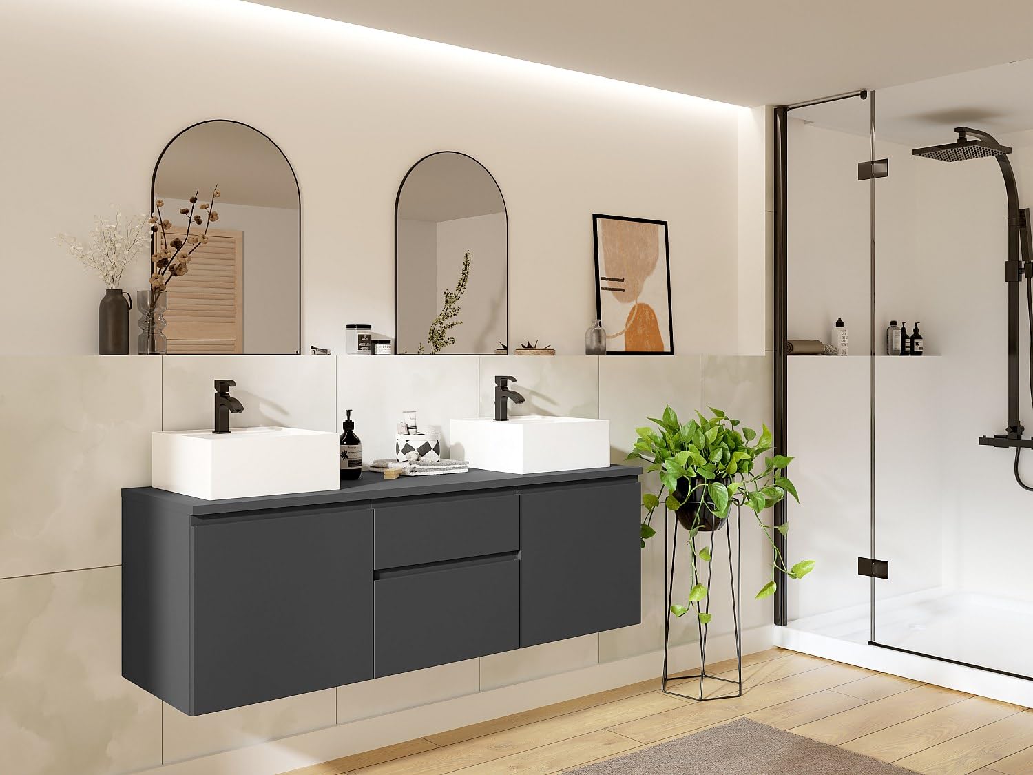 Vente-unique - Mobile sotto lavabo sospeso 150 cm Grigio - JIMENA II