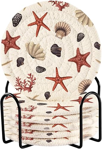 Red Starfishes Shells Coasters Absorbent and Holder Set of 6 Coasters for Drinks Aesthetic Coasters for Desk Posavasos para Mesa