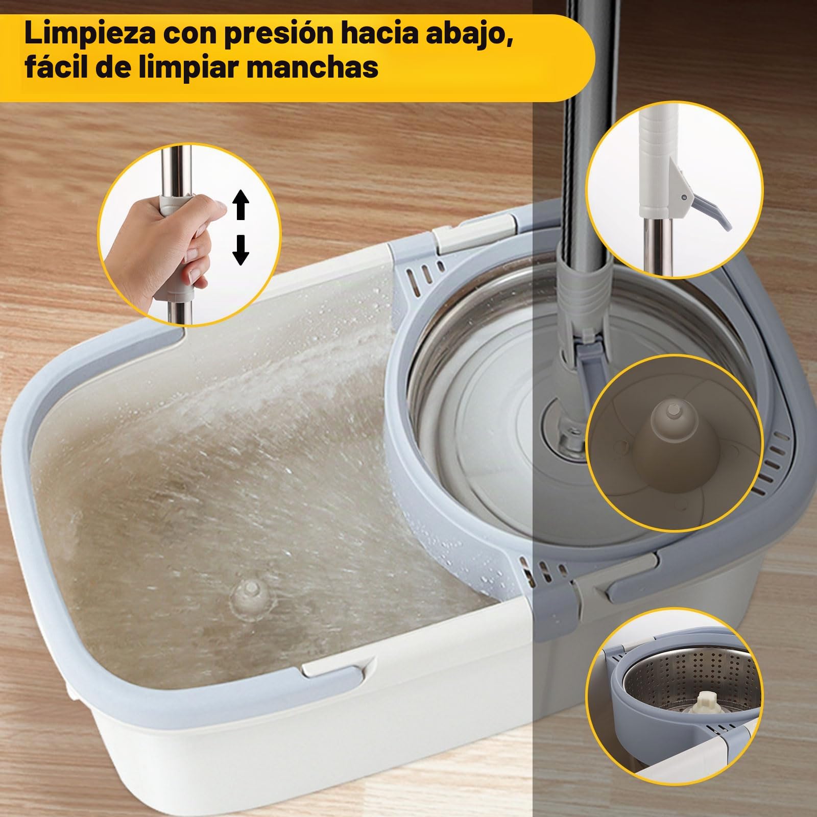ASelected Juego de trapeador giratorio y cubo giratorio de 360° para limpiar suelos, mango de acero inoxidable, mopa extensible con almohadillas reutilizables de microfibra húmeda y seca para limpieza