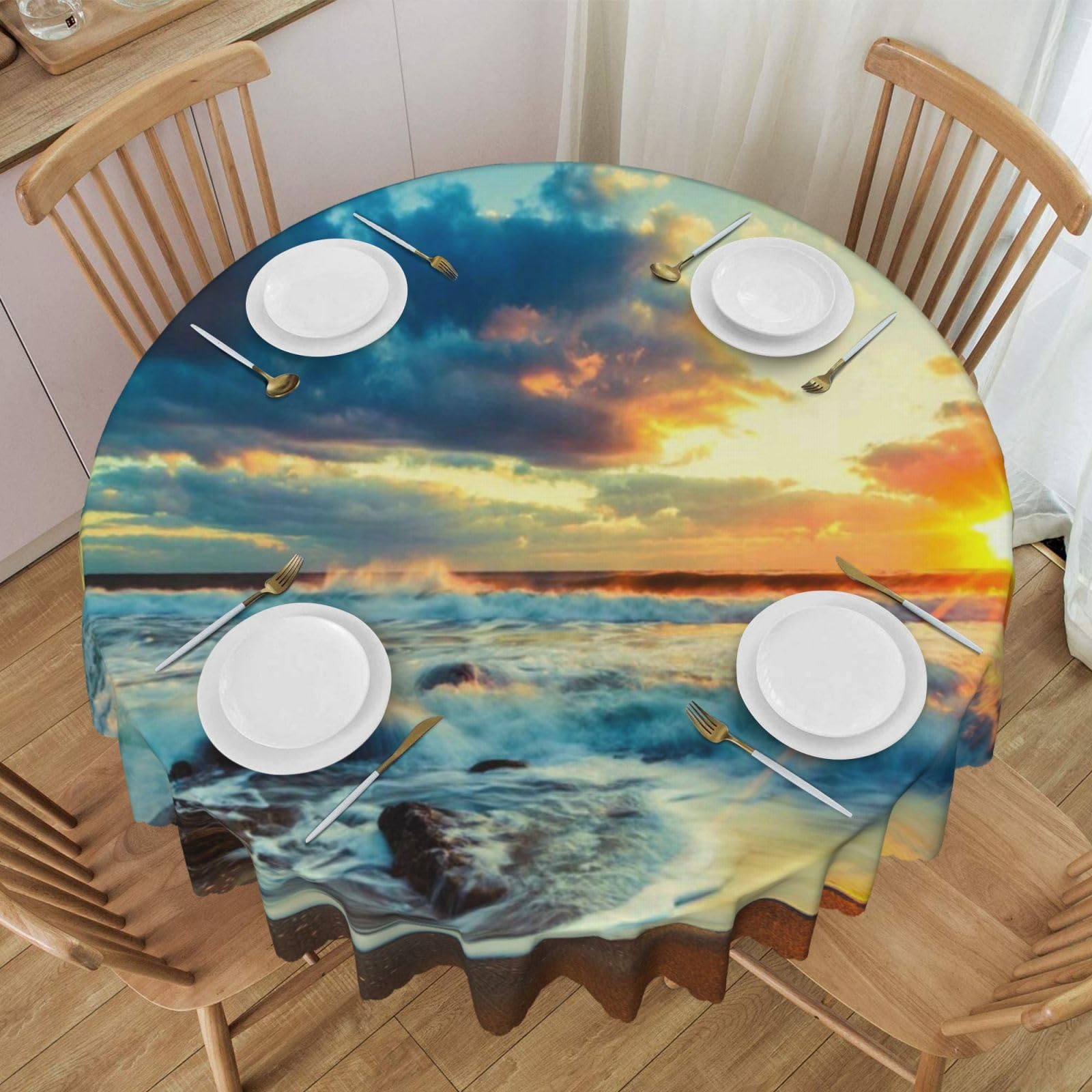 DCEHGEW 60 In Round Tablecloth with Lace, Sunset beach Printed Oilproof & Washable Fabric Picnic Table Cloth Table Covers
